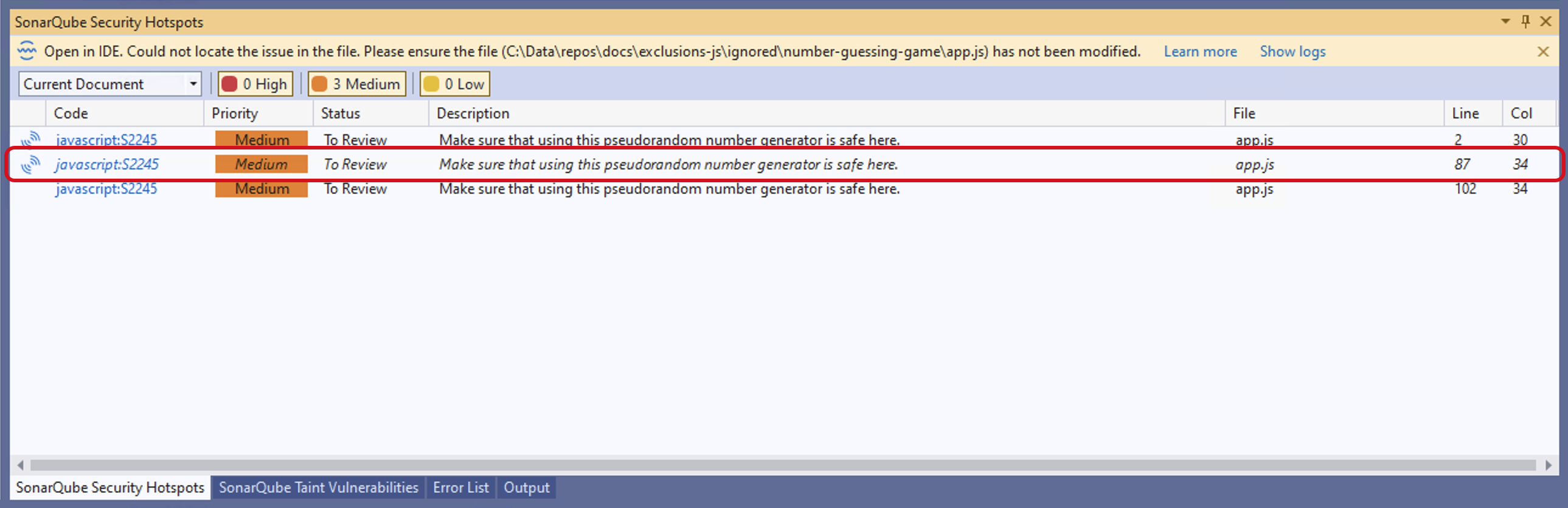 If your hotspot exists on the server but not in the IDE, hover over the error to read the message that SonarQube "Cannot navigate to location. The source code is different from the analyzed version."