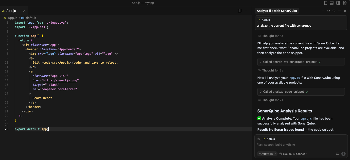 Example of “Analyze the current file with SonarQube” in Cursor.