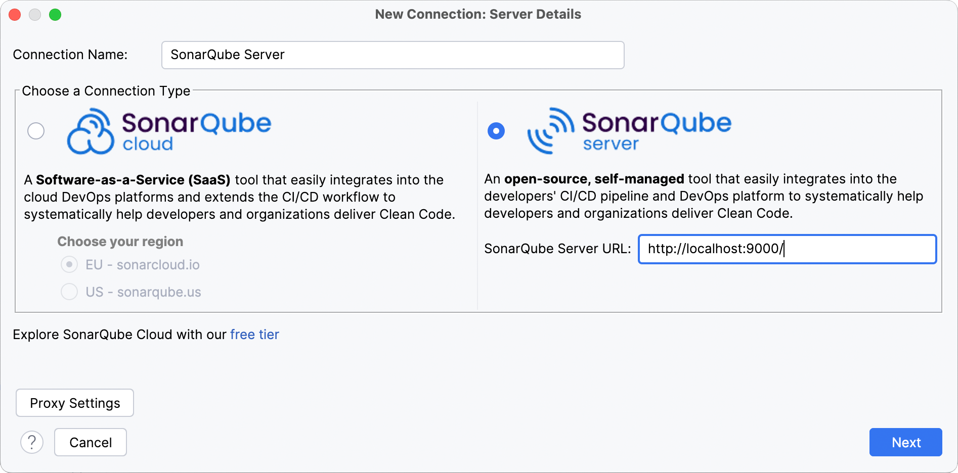 Choose SonarQube Server and add your server details to set up your connection with SonarQube for IntelliJ. Choose SonarQube Server and add your server details to set up your connection with SonarQube for IntelliJ.