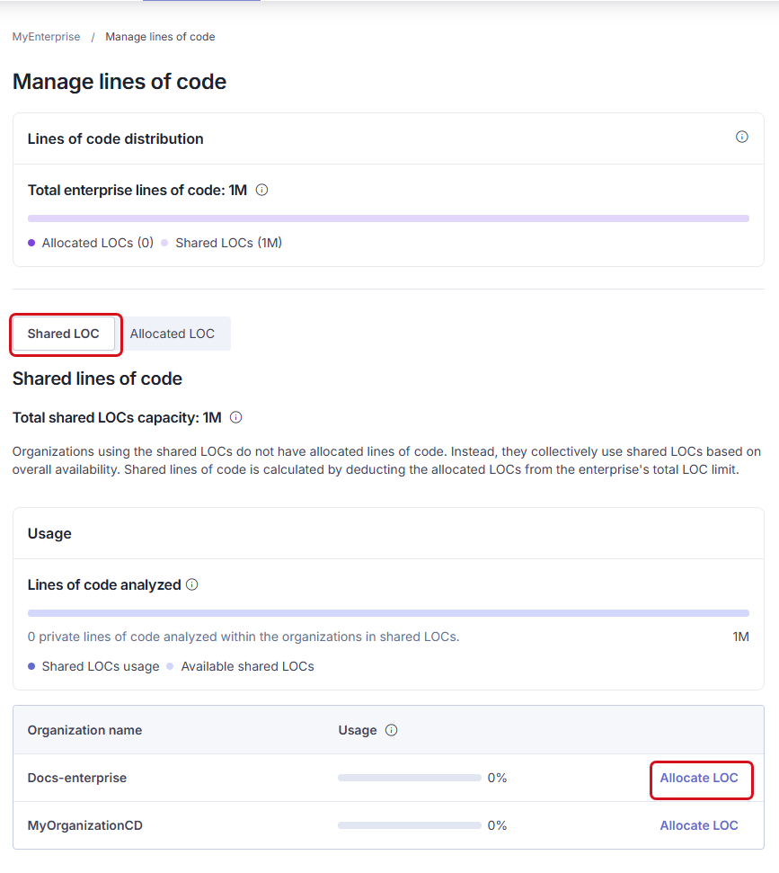 In the Shared LOCs tab, select Allocate LOC in front of the organization to which you want to allocate a LOC limit. In the Shared LOCs tab, select Allocate LOC in front of the organization to which you want to allocate a LOC limit.
