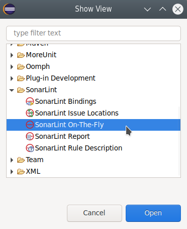 To open a SonarLint view that isn't showing, go to Windows > Show View > Other > SonarLint and choose your views.