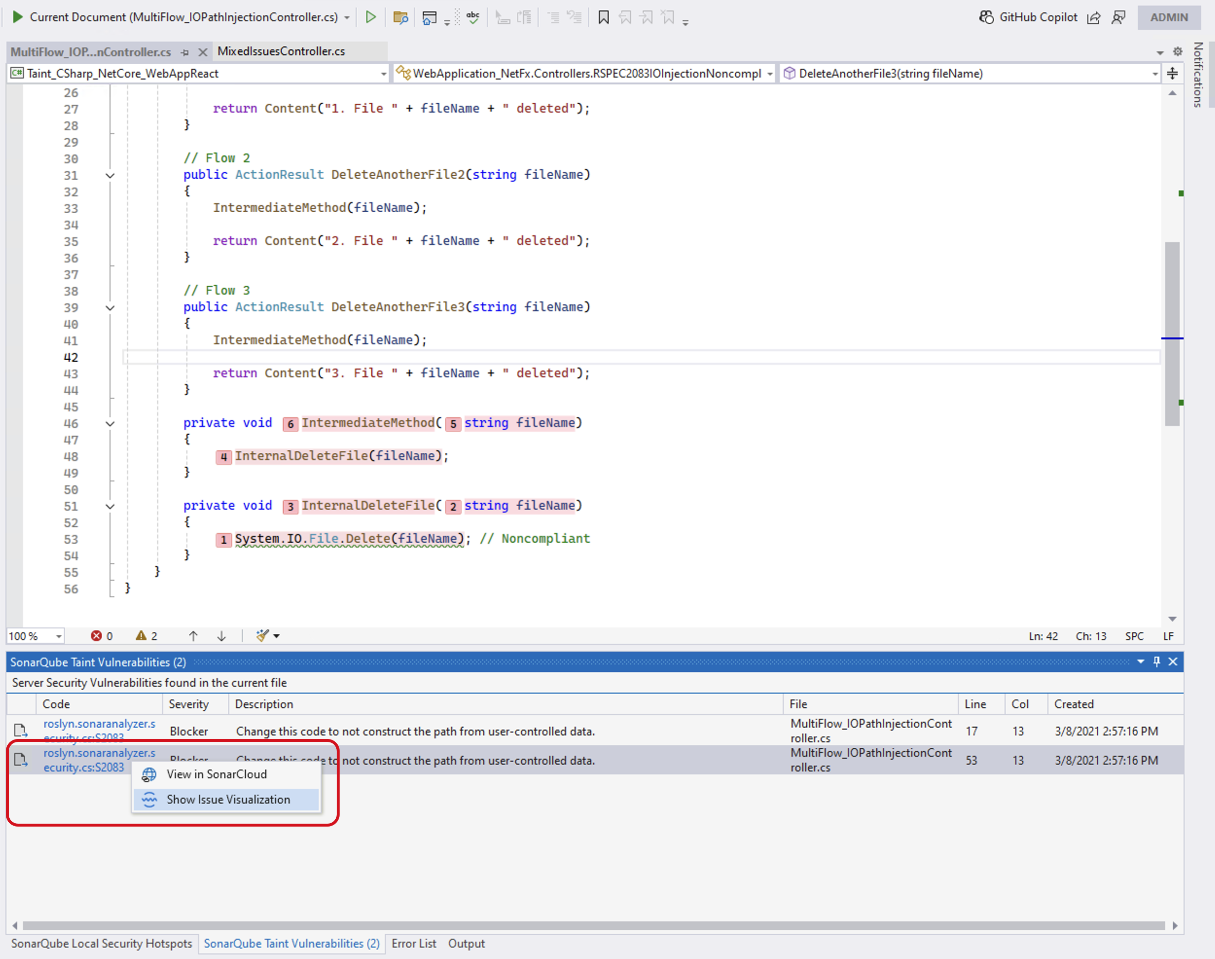 Sonar's Issue Visualization window will reveal more information about issues with secondary locations. Sonar's Issue Visualization window will reveal more information about issues with secondary locations.