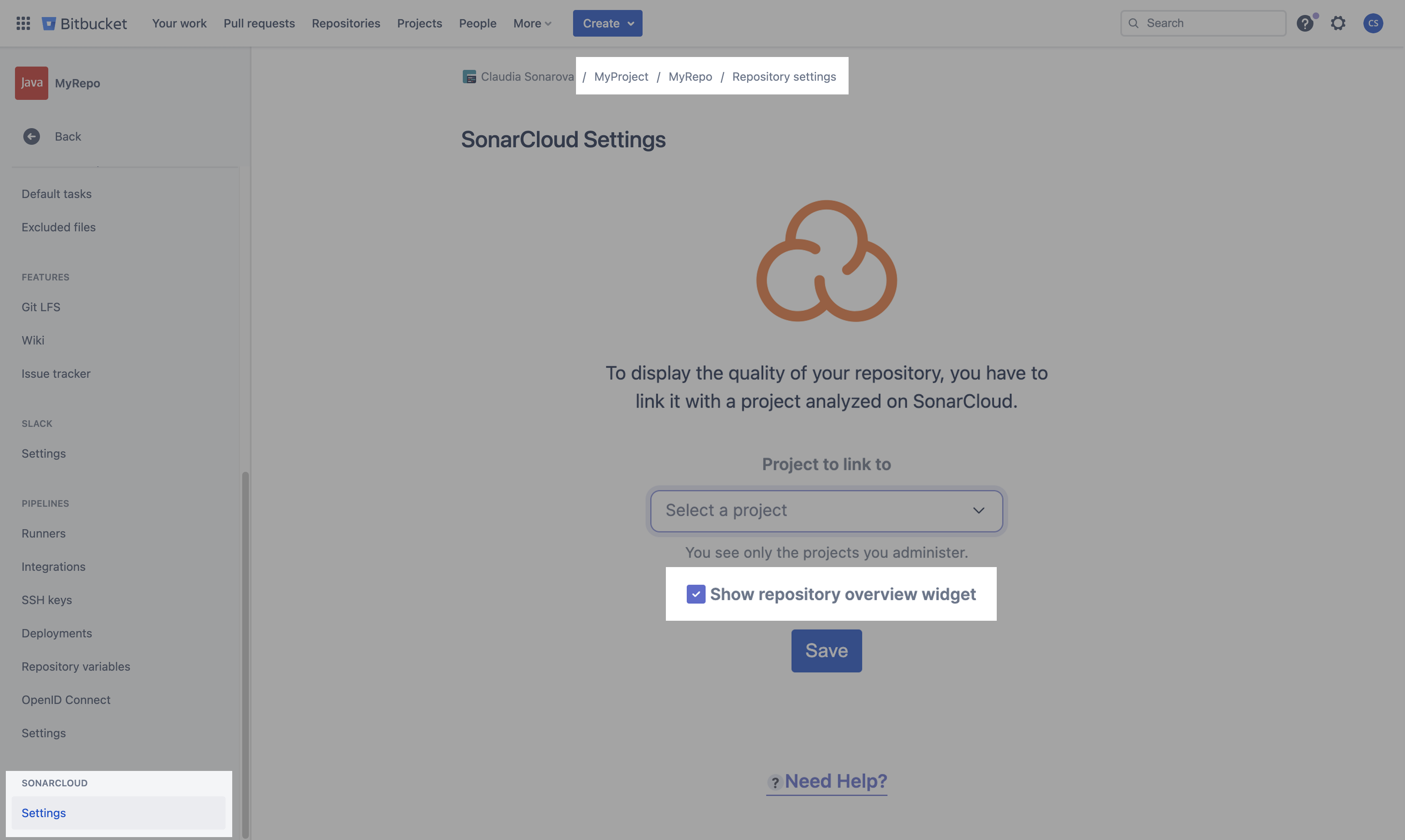 Screenshot of the Bitbucket interface showing how to enable the analysis overview widget. Screenshot of the Bitbucket interface showing how to enable the analysis overview widget.