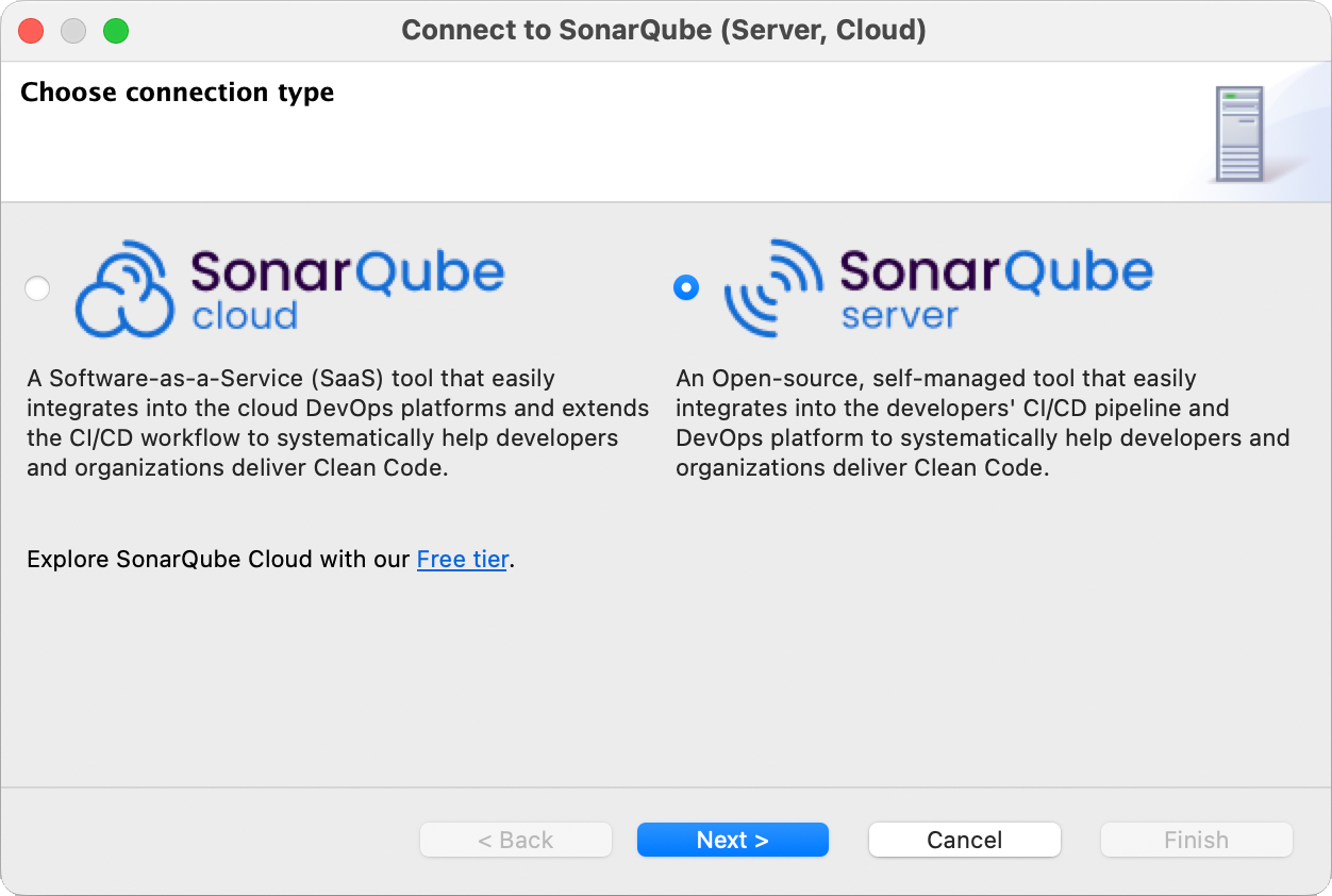 Choose SonarQube Server and add your server details to set up your connection with SonarQube for Eclipse.