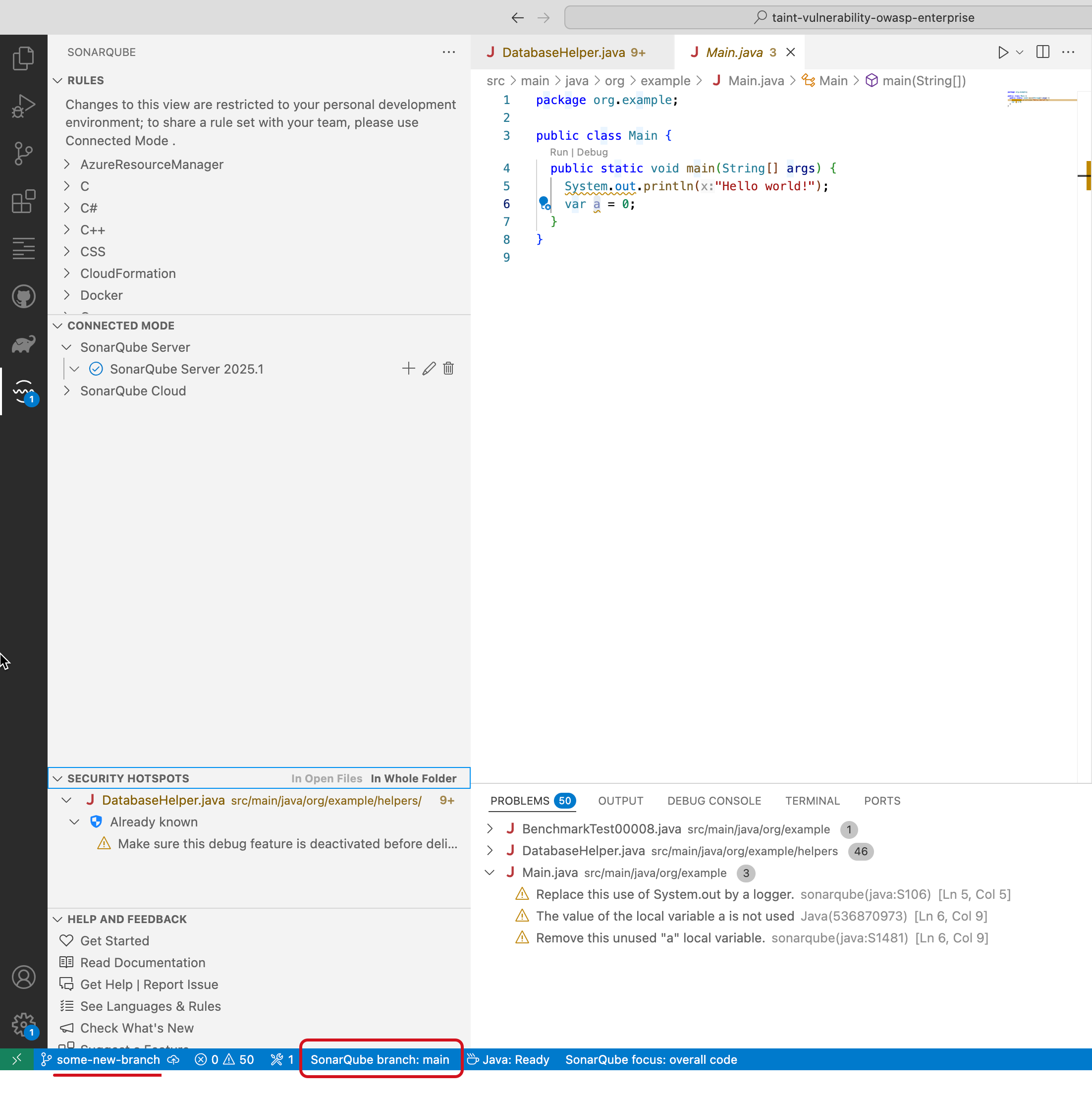 SonarQube for VS Code will display the name of the matched analyzed branch on the server. SonarQube for VS Code will display the name of the matched analyzed branch on the server.