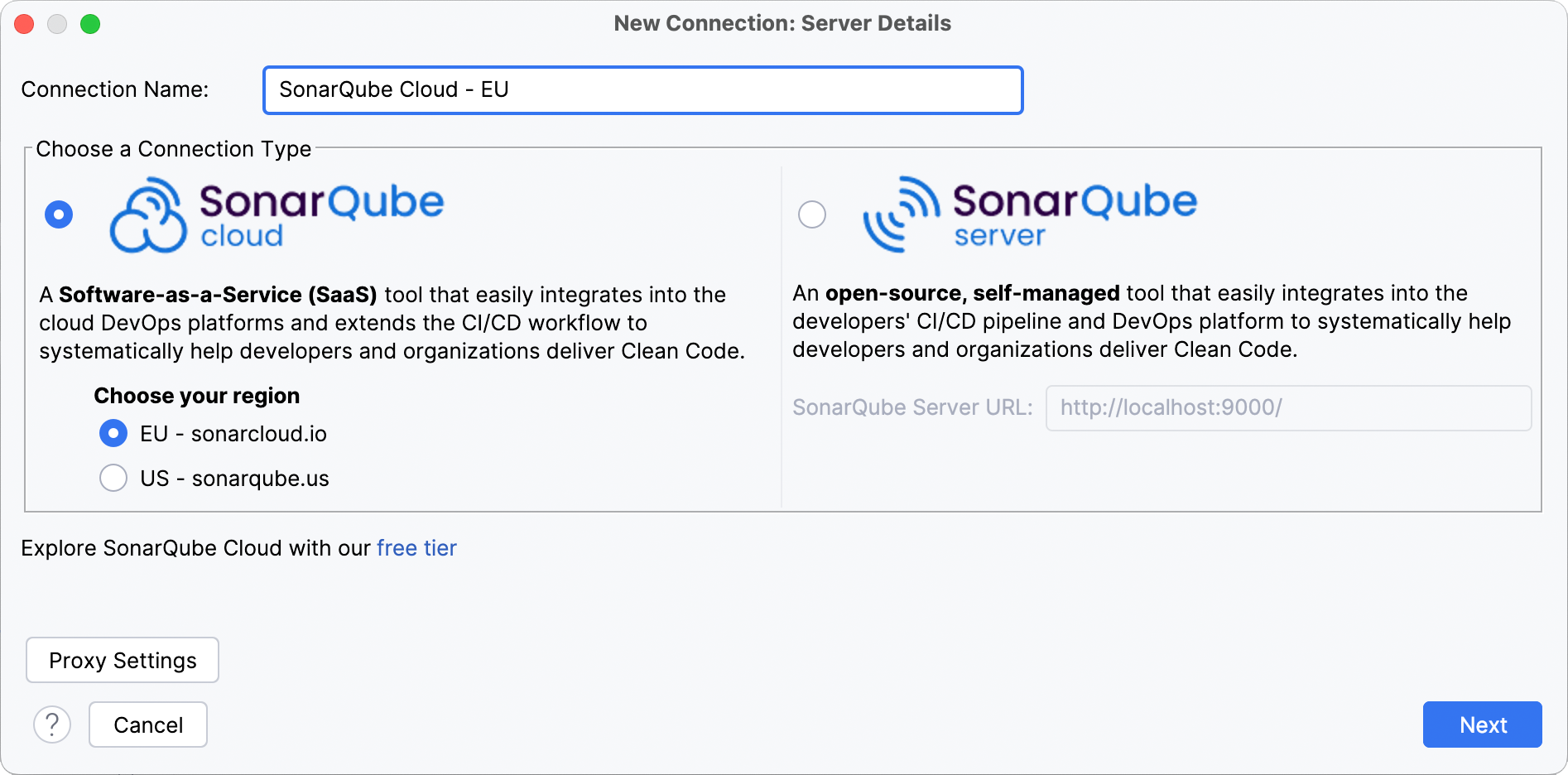 Choose SonarQube Cloud and add your Token and Organization details to set up your connection with SonarQube for IntelliJ.