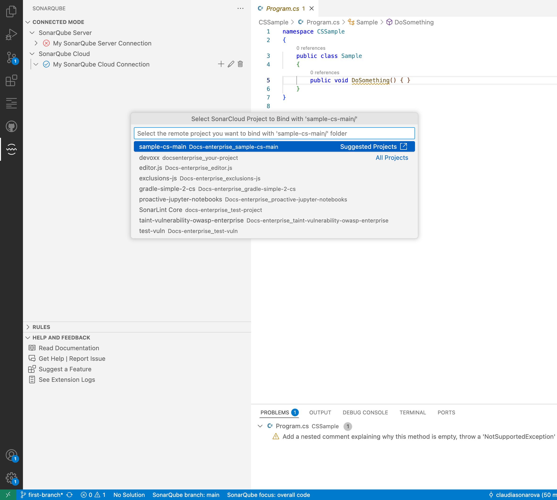 SonarQube for VS Code will prompt you to choose when multiple binding configurations are available.