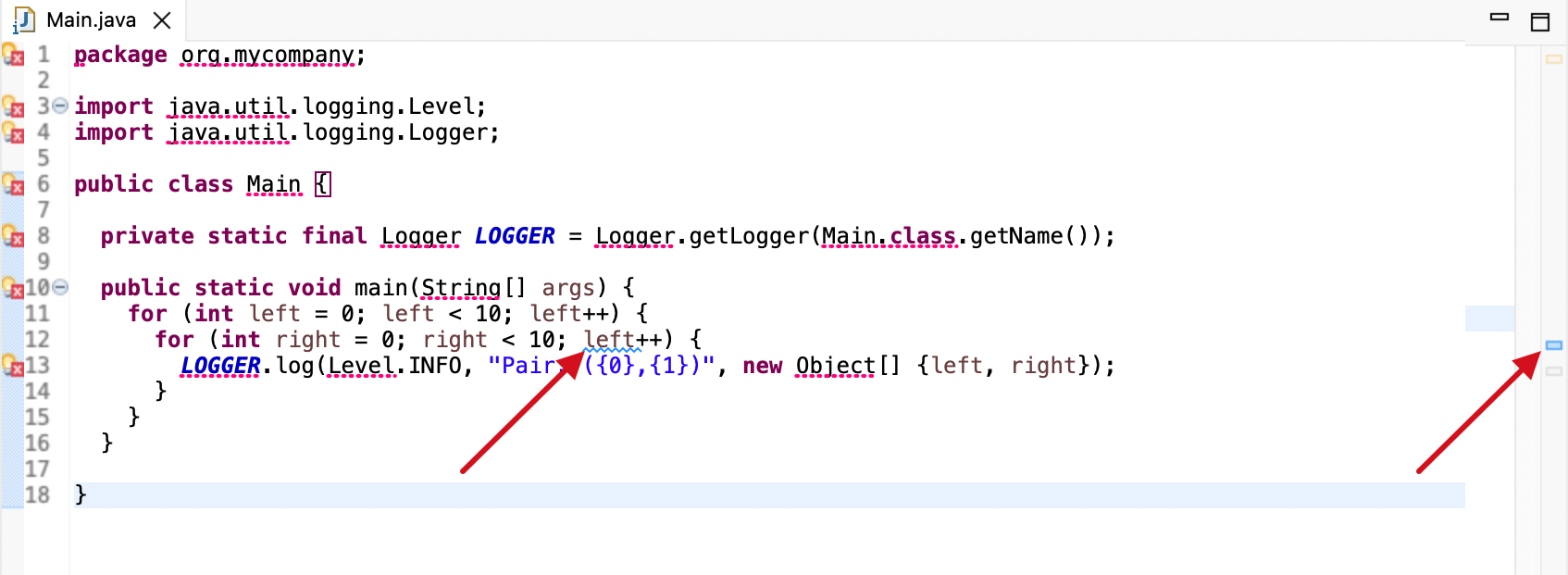 SonarQube for Eclipse gives you squiggly lines and an Overview ruler mark in the sidebar to help call out issues in the Eclipse code explorer.