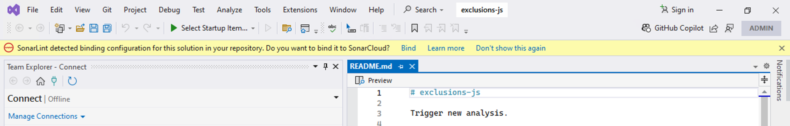 Use the SonarLint for Visual Studio configuration gold bar to help streamline the binding process. Use the SonarLint for Visual Studio configuration gold bar to help streamline the binding process.