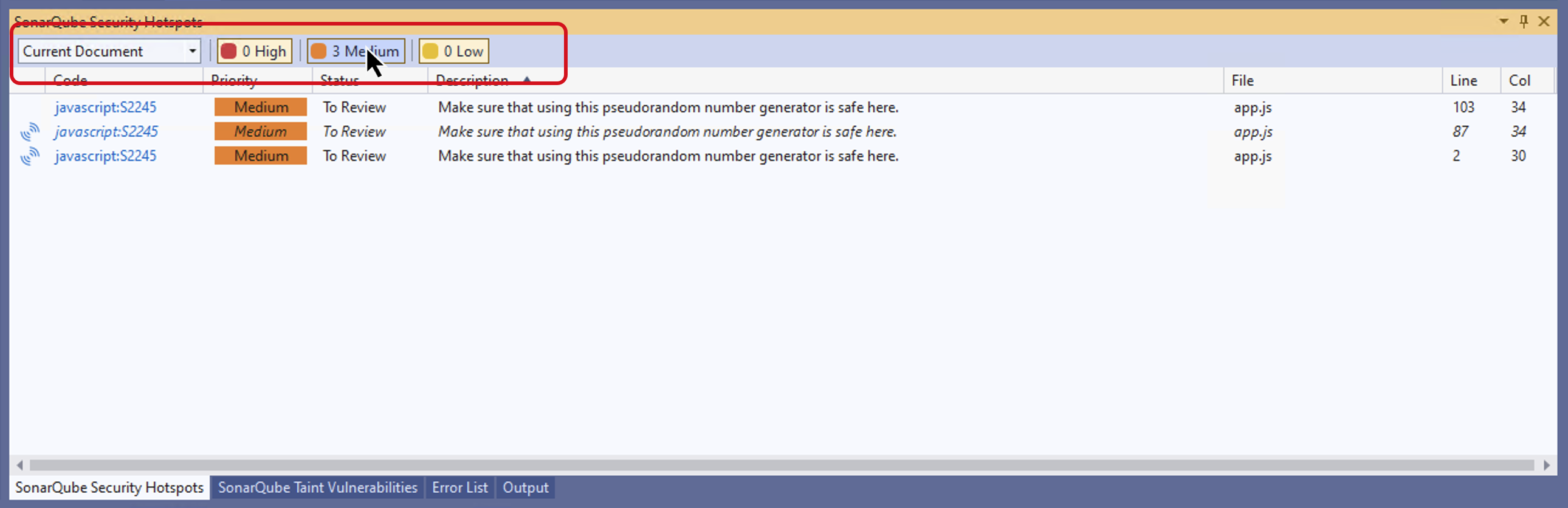 Hotspots can be filtered in the SonarQube for Visual Studio UI according to the Current or Open document, and in any combination of Priority (High, Medium, Low).