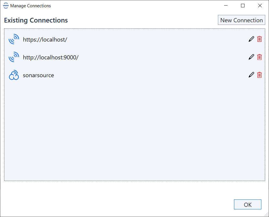 Use the Manage Connections window to edit your SonarQube (Server, Cloud) connection setup. Use the Manage Connections window to edit your SonarQube (Server, Cloud) connection setup.
