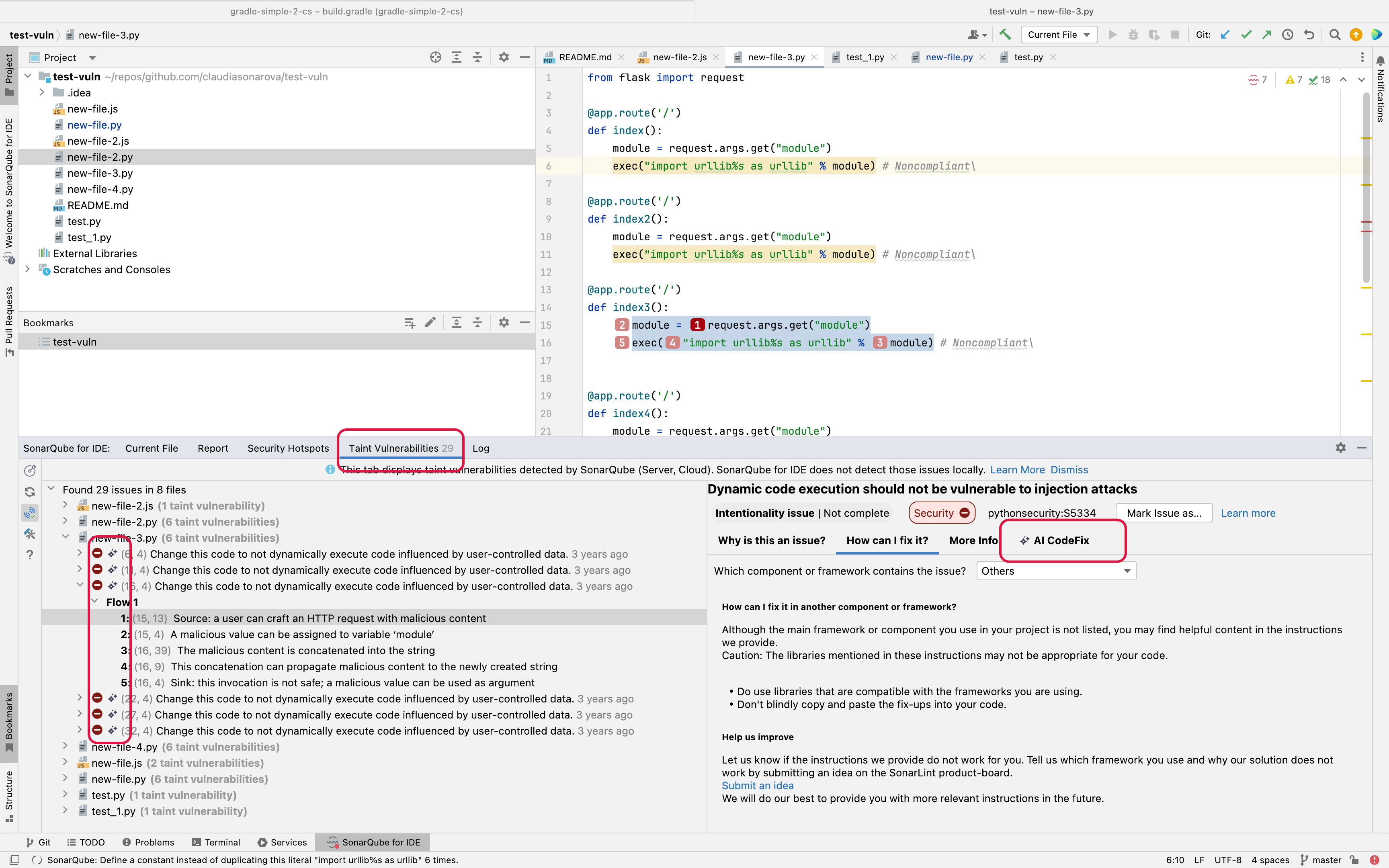 SonarQube for IntelliJ offers AI CodeFix solutions for taint vulnerabilities found by SonarQube Cloud. SonarQube for IntelliJ offers AI CodeFix solutions for taint vulnerabilities found by SonarQube Cloud.