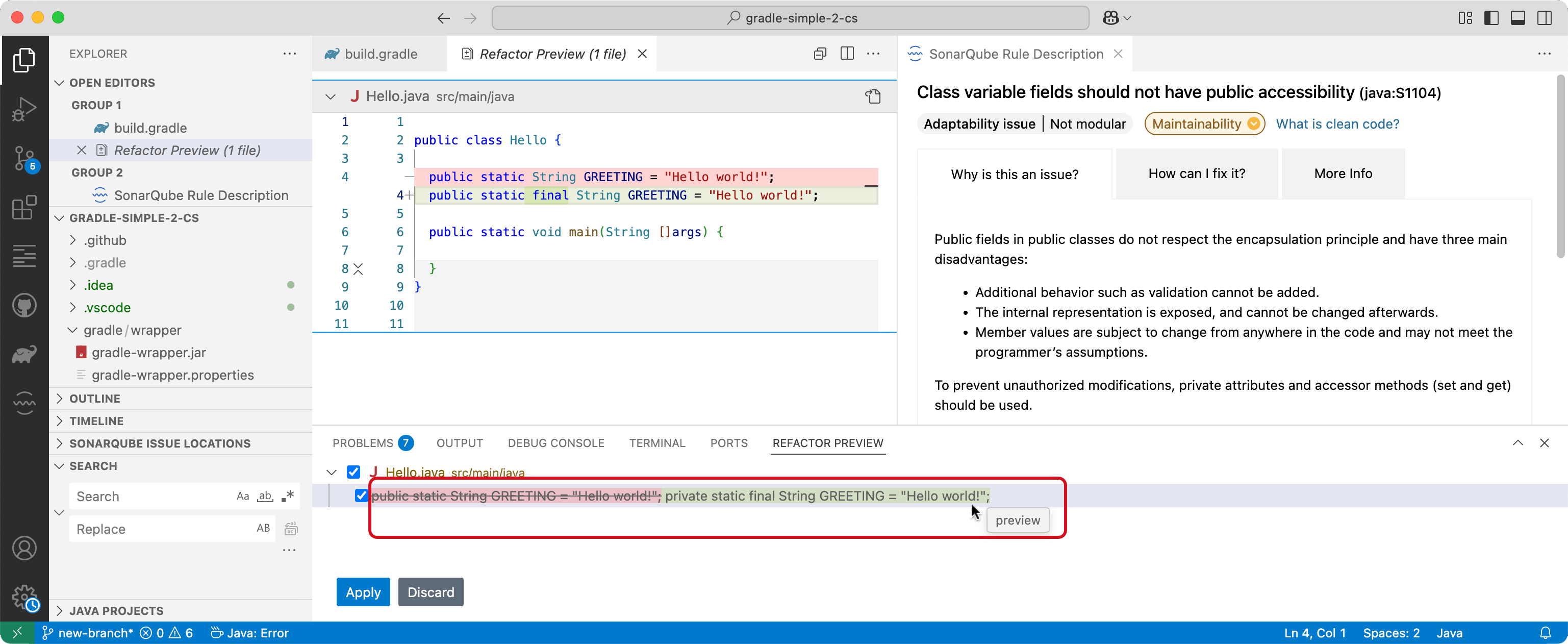 Select your AI-generated fix suggestion (the AI CodeFix feature) in the REFACTOR PREVIEW view panel to see the diff view in the code editor.
Select your AI-generated fix suggestion (the AI CodeFix feature) in the REFACTOR PREVIEW view panel to see the diff view in the code editor.
