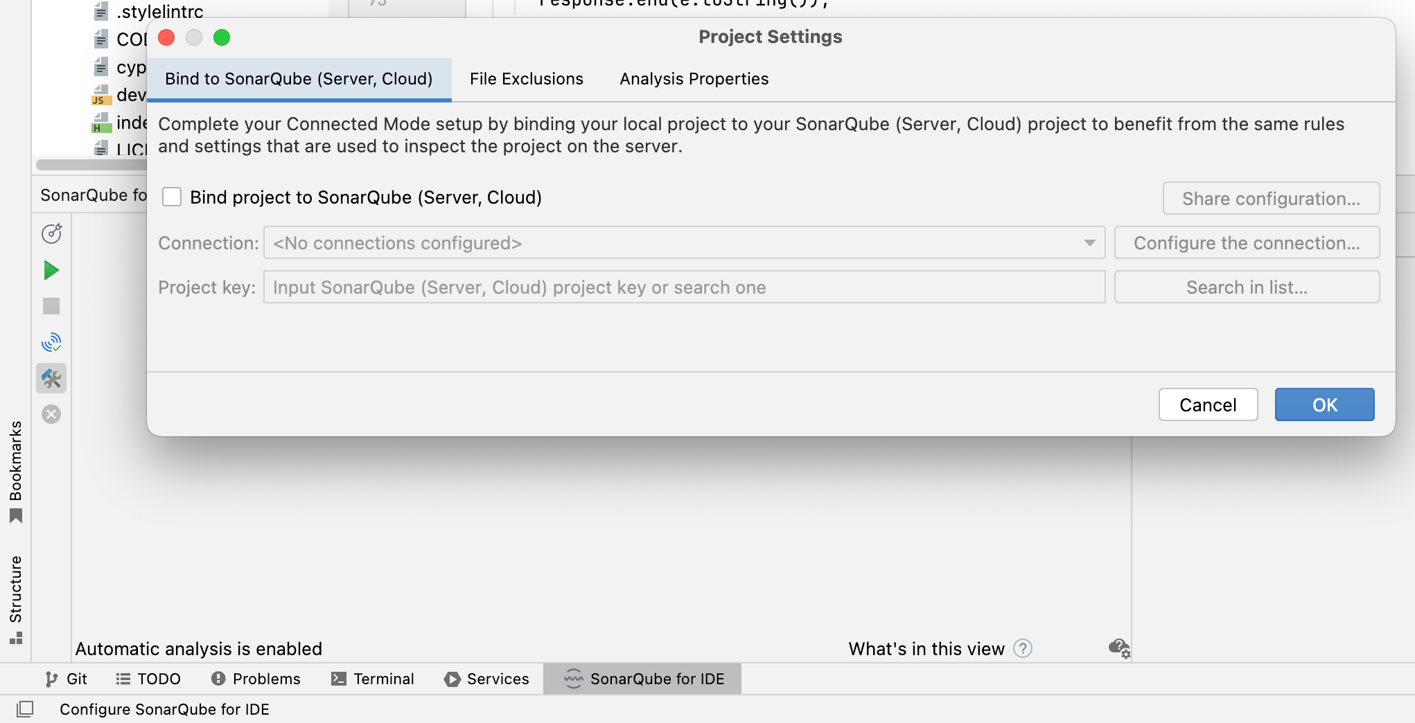 Select "Bind project to SonarQube (Server, Cloud)" to start the next step in setting up connected mode. Select "Bind project to SonarQube (Server, Cloud)" to start the next step in setting up connected mode.