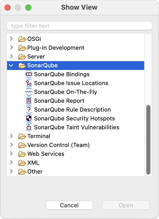 All of the SonarQube for IDE views are available in Eclipse's Show View menu.
