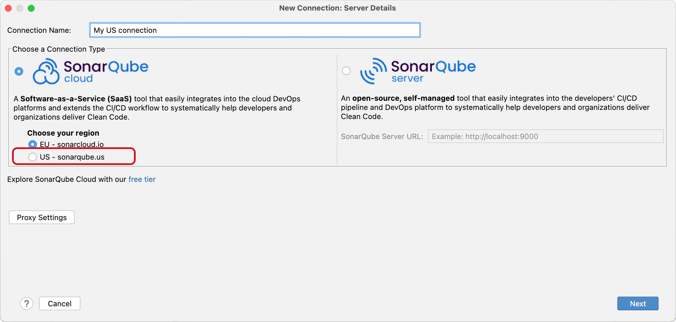 If you have already enabled the US region option in your IDE, you will see the option to choose US - sonarqube.us when creating a new connected mode connection to SonarQube Cloud. If you have already enabled the US region option in your IDE, you will see the option to choose US - sonarqube.us when creating a new connected mode connection to SonarQube Cloud.