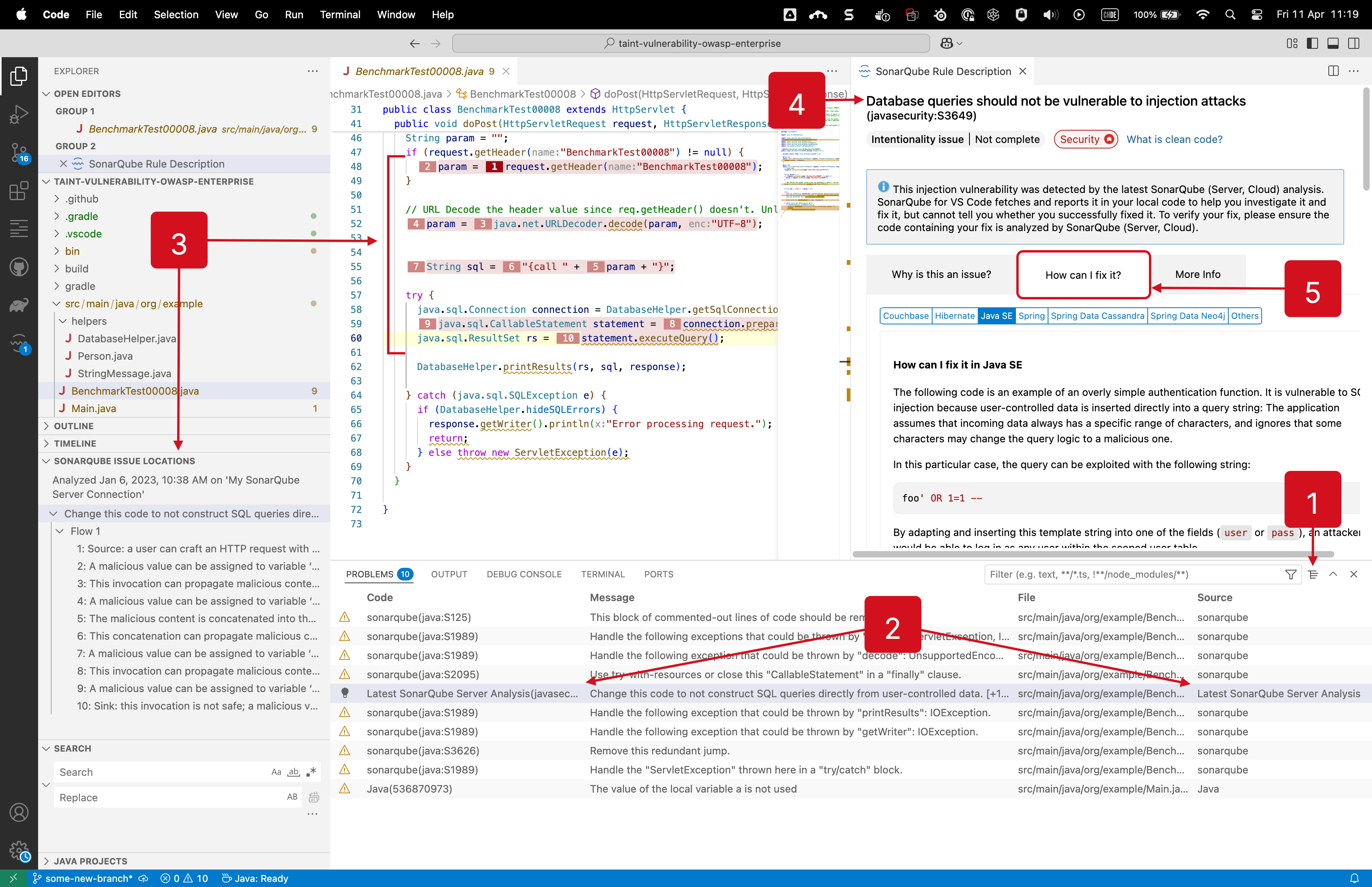 Injection vulnerabilities (also known as taint vulnerabilities) are also shown in the PROBLEMS view. Injection vulnerabilities (also known as taint vulnerabilities) are also shown in the PROBLEMS view.