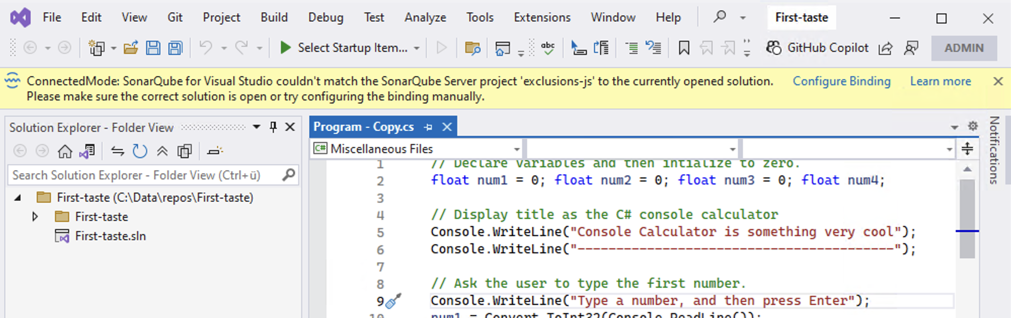 SonarQube for Visual Studio will give you a gold bar to if your Open in IDE request fails. Check which project you have open or use the Configure Binding link to set up connected mode. SonarQube for Visual Studio will give you a gold bar to if your Open in IDE request fails. Check which project you have open or use the Configure Binding link to set up connected mode.