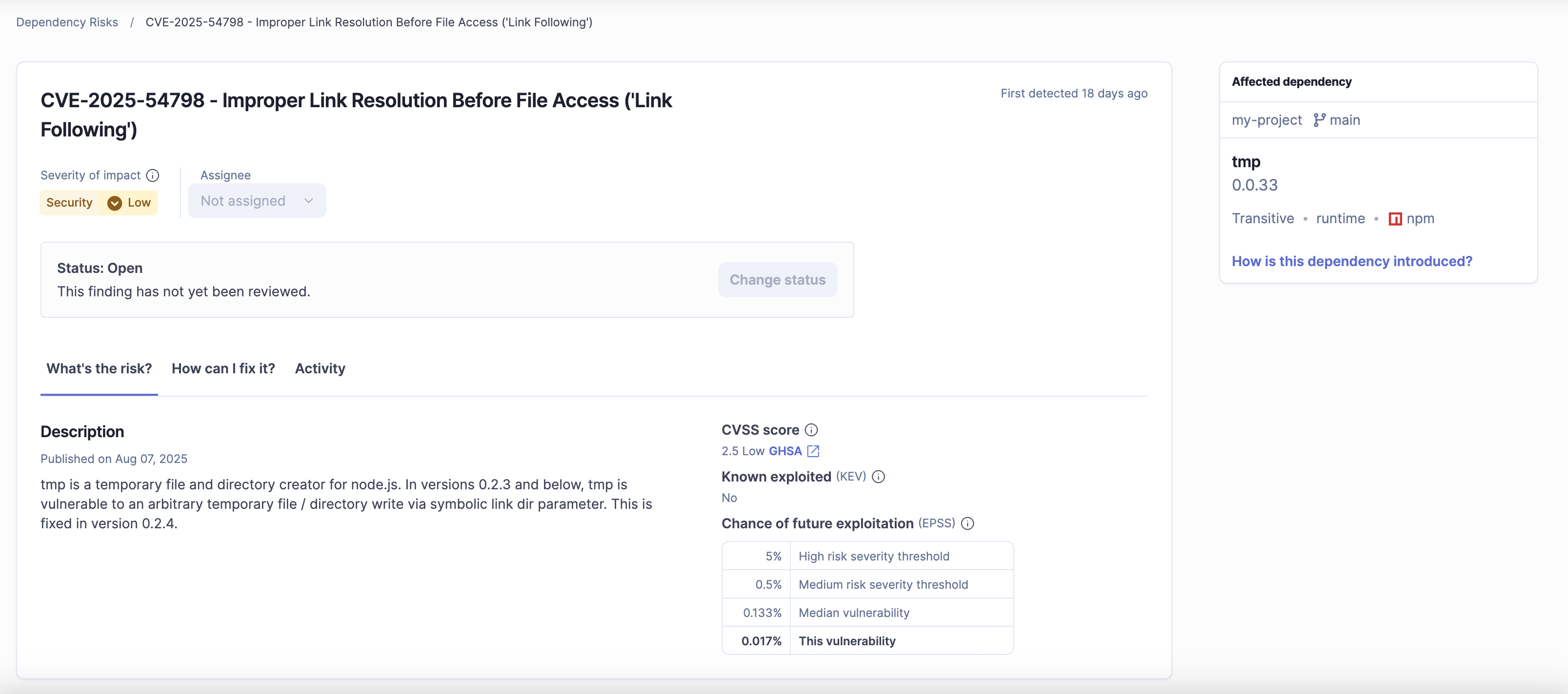 A dependency risk's detailed view in SonarQube Cloud.