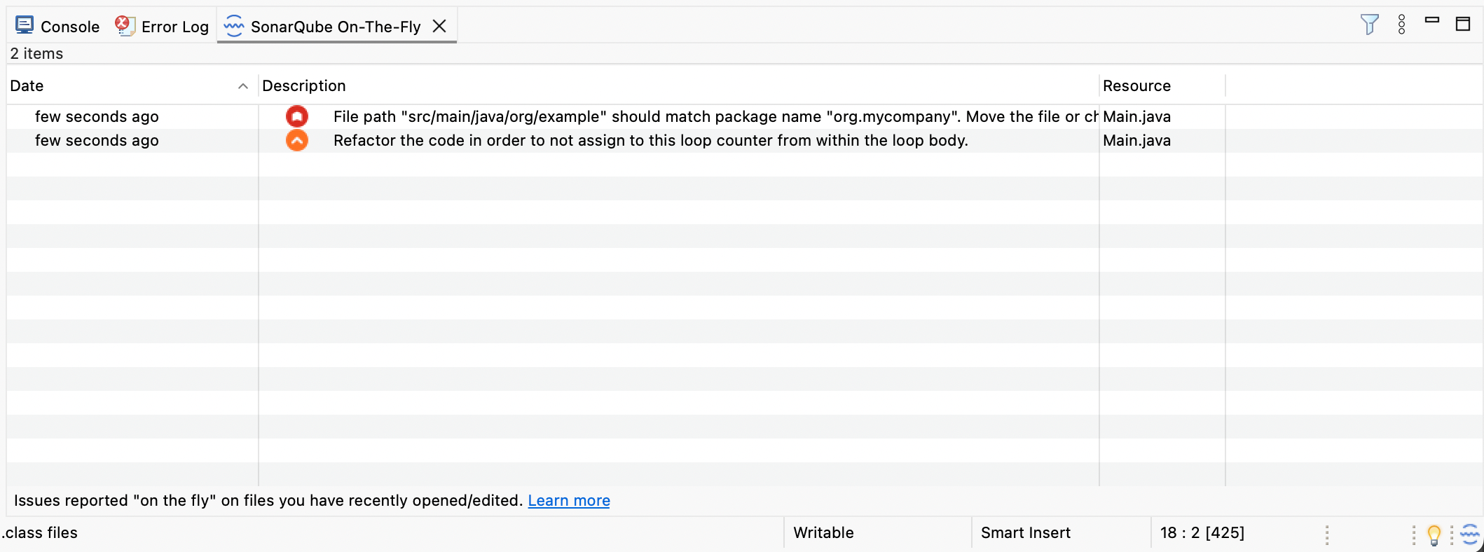 The SonarQube On-The-Fly view shows you issues found in the active file.