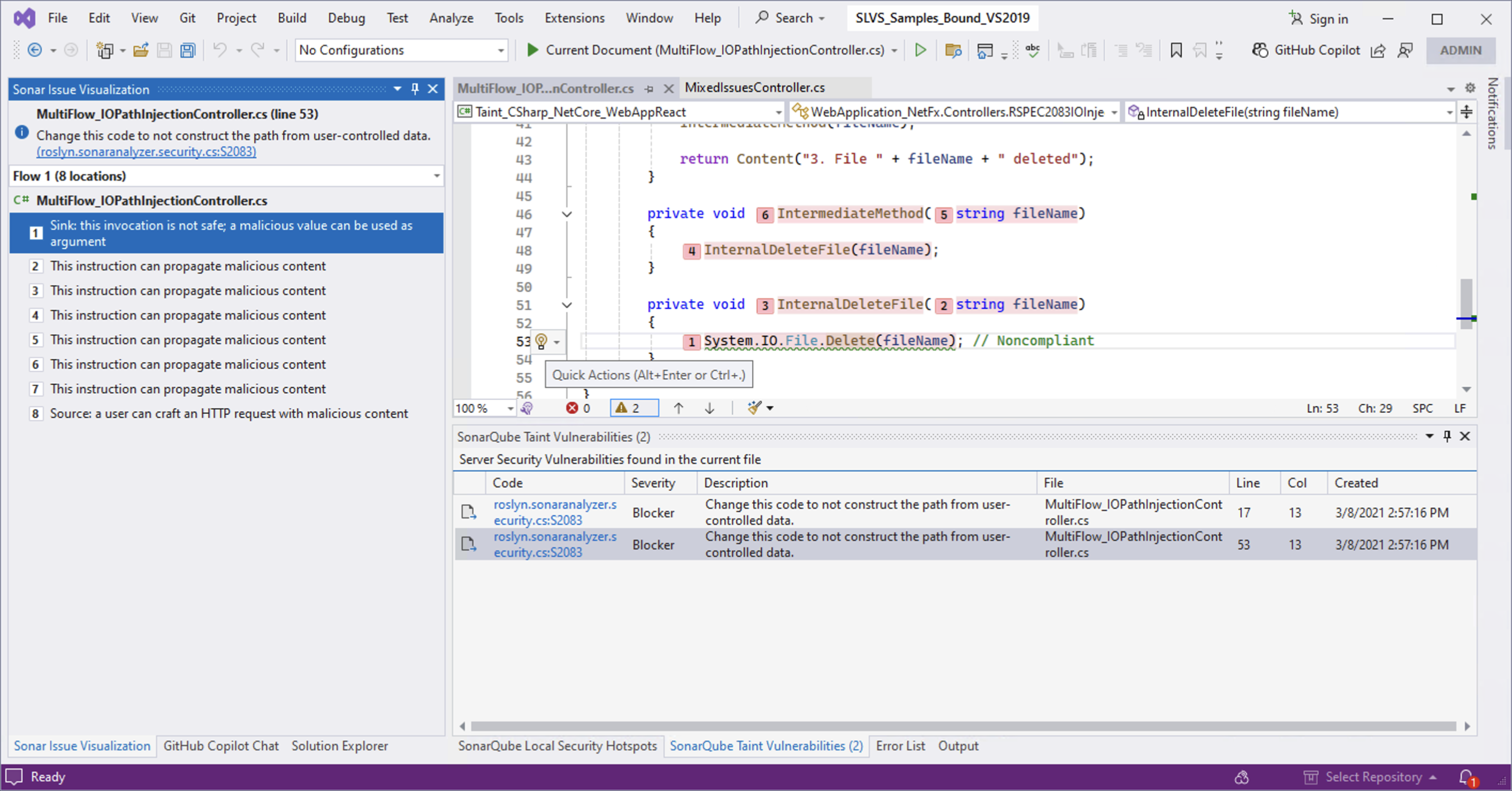 Secondary issue locations found by SonarQube Server or Cloud will be visualized in the Visual Studio code editor. Secondary issue locations found by SonarQube Server or Cloud will be visualized in the Visual Studio code editor.
