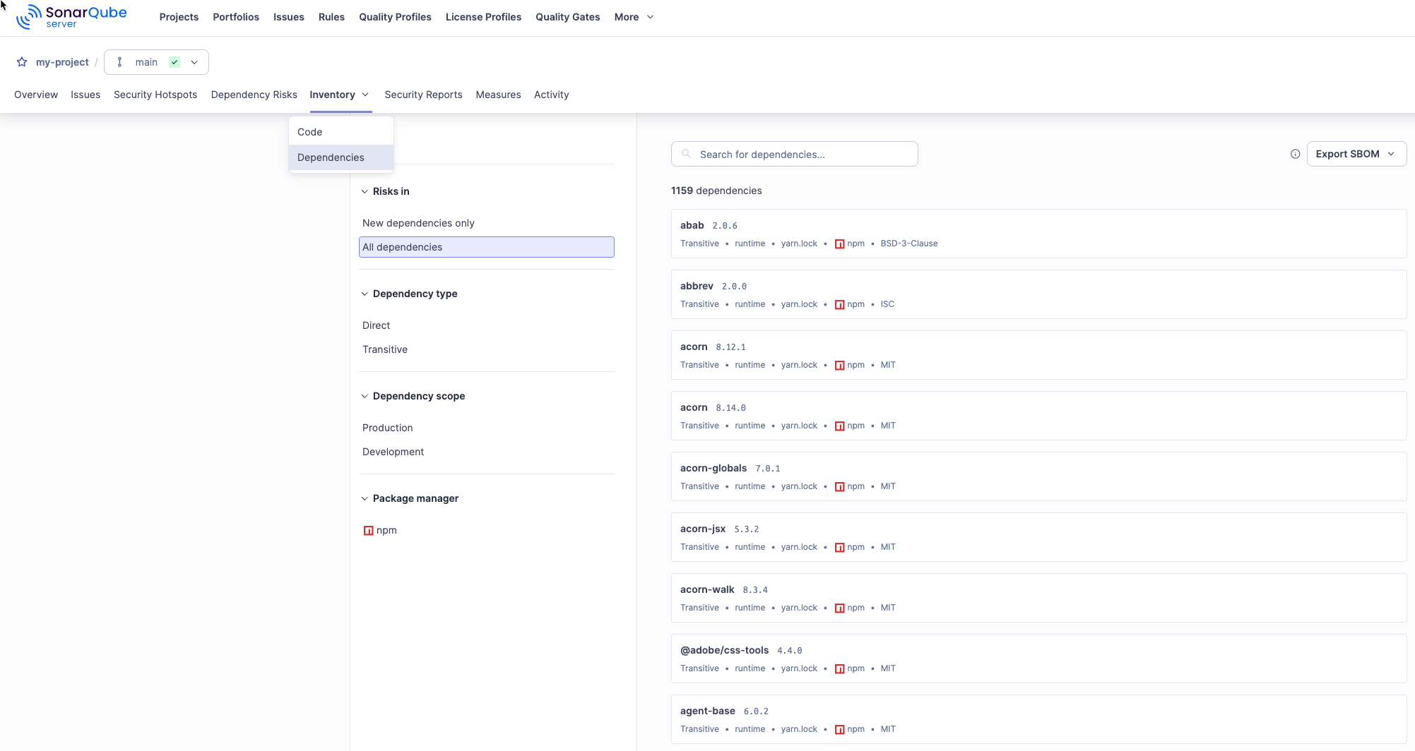 The SonarQube Server Dependencies tab. The SonarQube Server Dependencies tab.