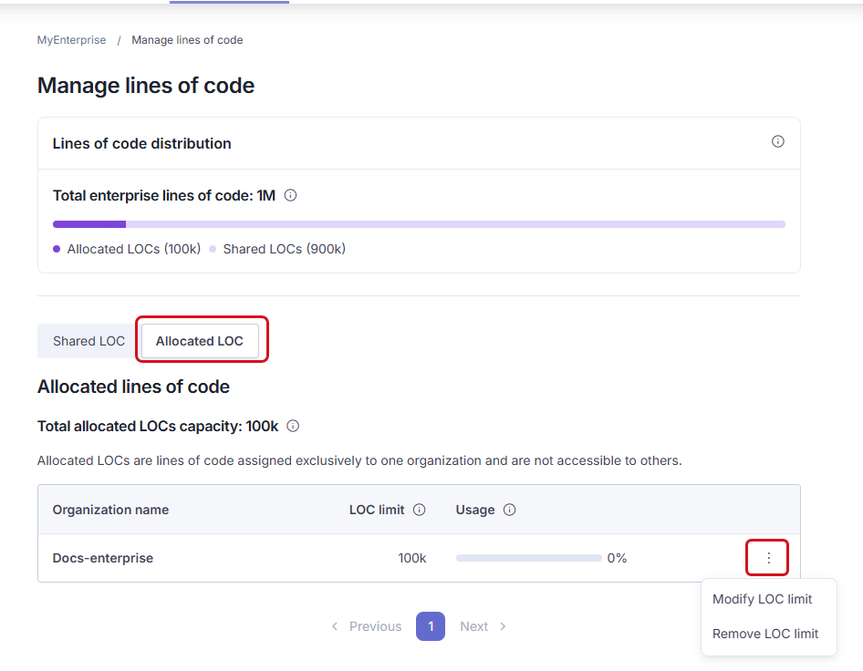 In the Allocated LOC tab, select the three-dot menu in front of the organization for which you want to change the allocated LOC limit. In the Allocated LOC tab, select the three-dot menu in front of the organization for which you want to change the allocated LOC limit.