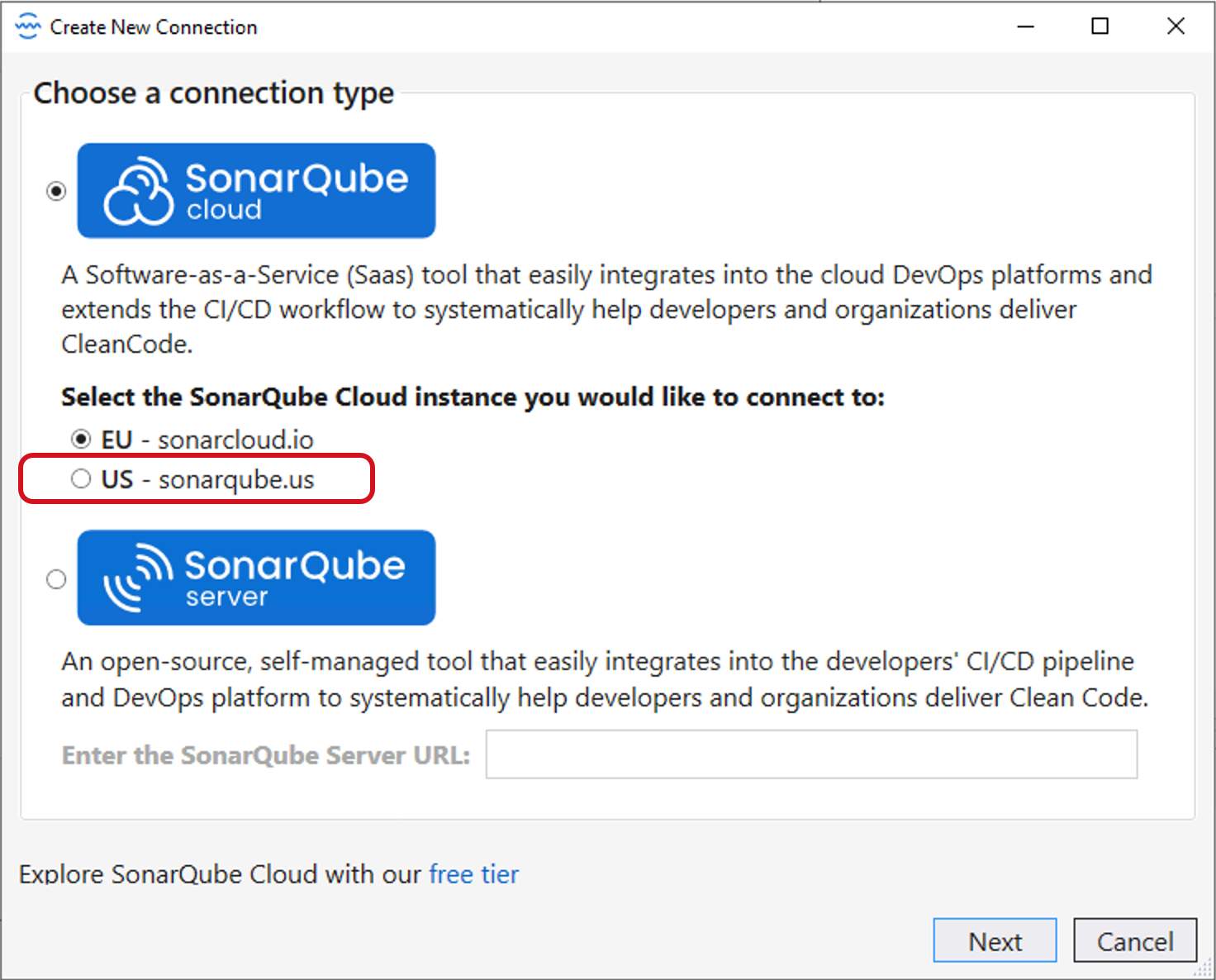 If you have already enabled the US region option in your IDE, you will see the option to choose US - sonarqube.us when creating a new connected mode connection to SonarQube Cloud. If you have already enabled the US region option in your IDE, you will see the option to choose US - sonarqube.us when creating a new connected mode connection to SonarQube Cloud.