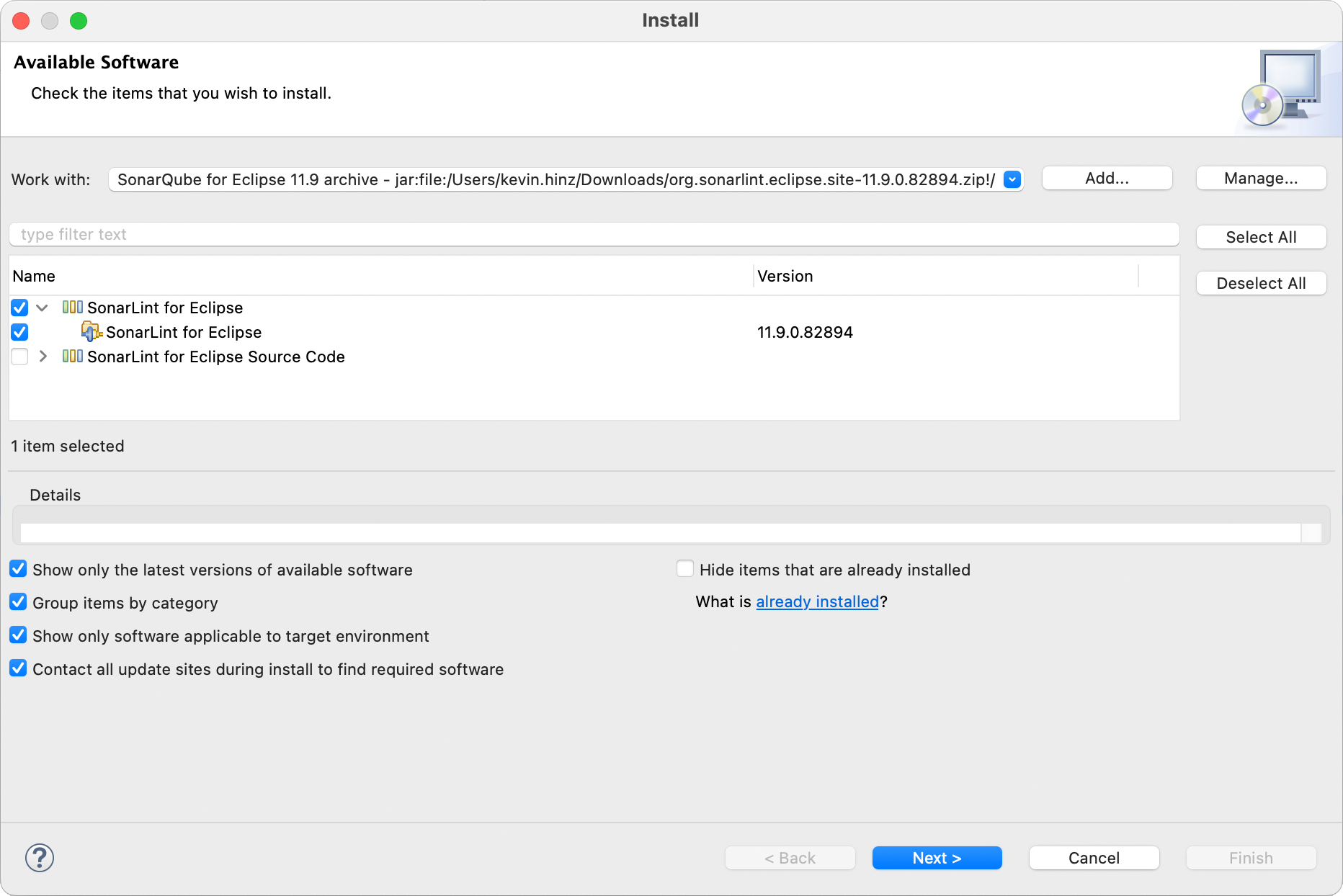 Select the SonarLint for Eclipse feature to install from your archive zip folder.