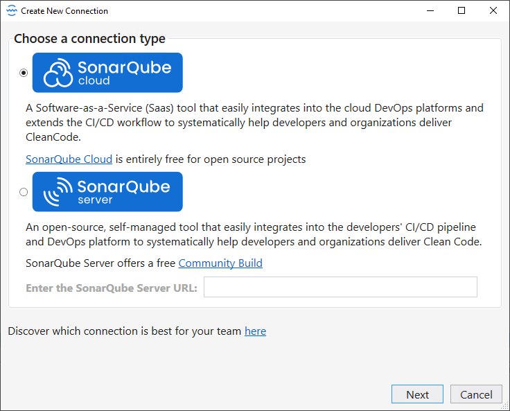 Select SonarQube Cloud to set up your connection with SonarQube for Visual Studio. Select SonarQube Cloud to set up your connection with SonarQube for Visual Studio.