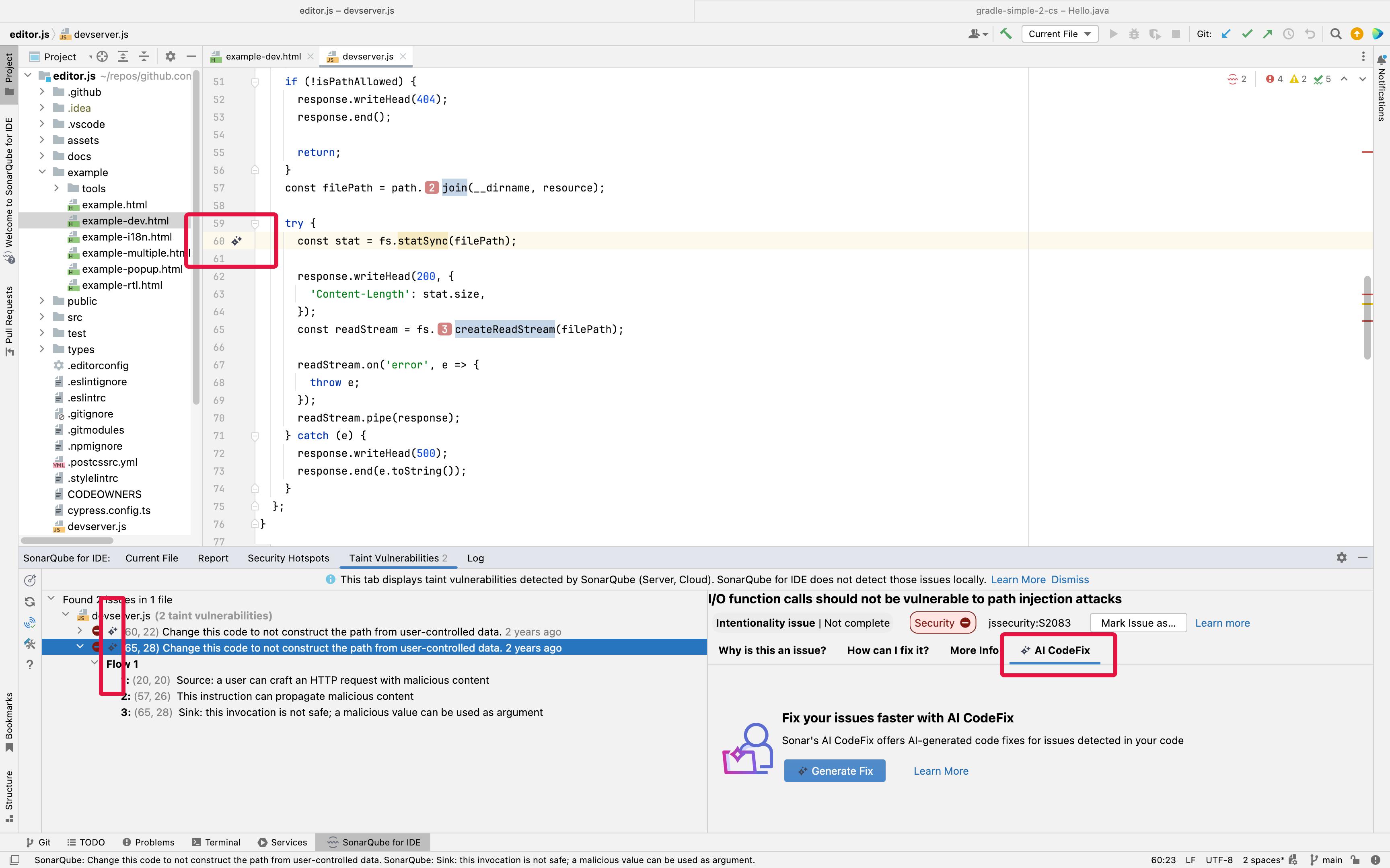 Issues that are eligible for AI-generated fix suggestions (the AI CodeFix feature) are highlighted by the star icon.