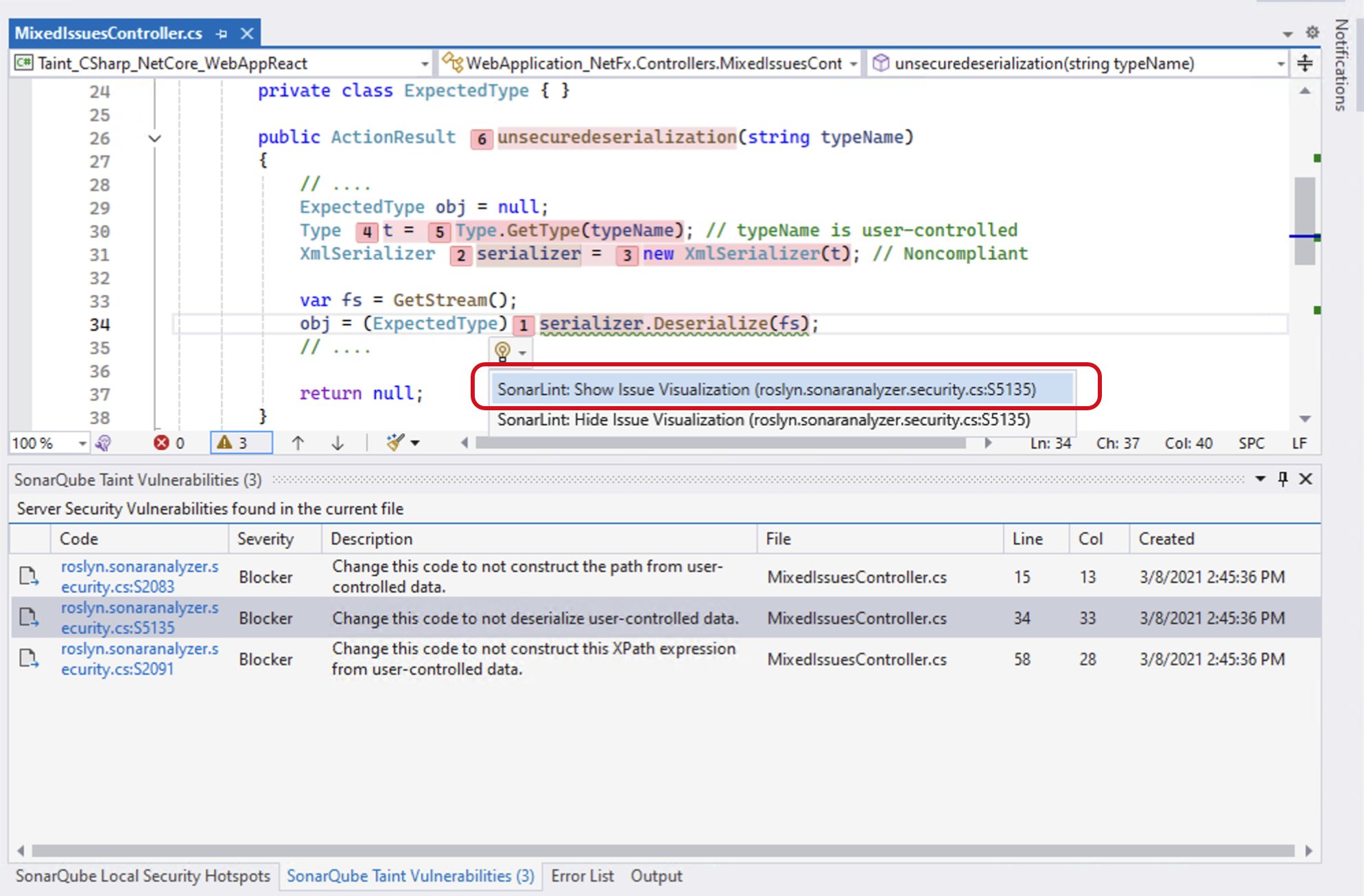 SonarQube's Show Issue Visualization window will reveal more information about issues with secondary locations. SonarQube's Show Issue Visualization window will reveal more information about issues with secondary locations.