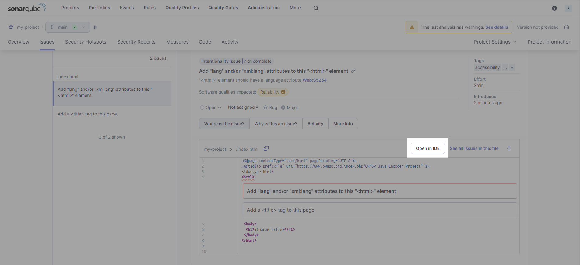 From SonarQube 10.3+ and on SonarCloud, select Open in IDE to open the issue in SonarLint. From SonarQube 10.3+ and on SonarCloud, select Open in IDE to open the issue in SonarLint.