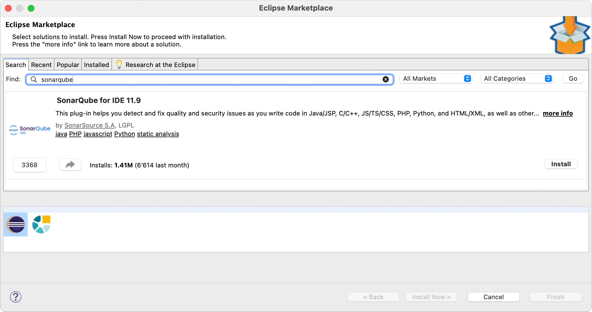 Install SonarQube for Eclipse in the Eclipse Marketplace by searching for SonarQube.