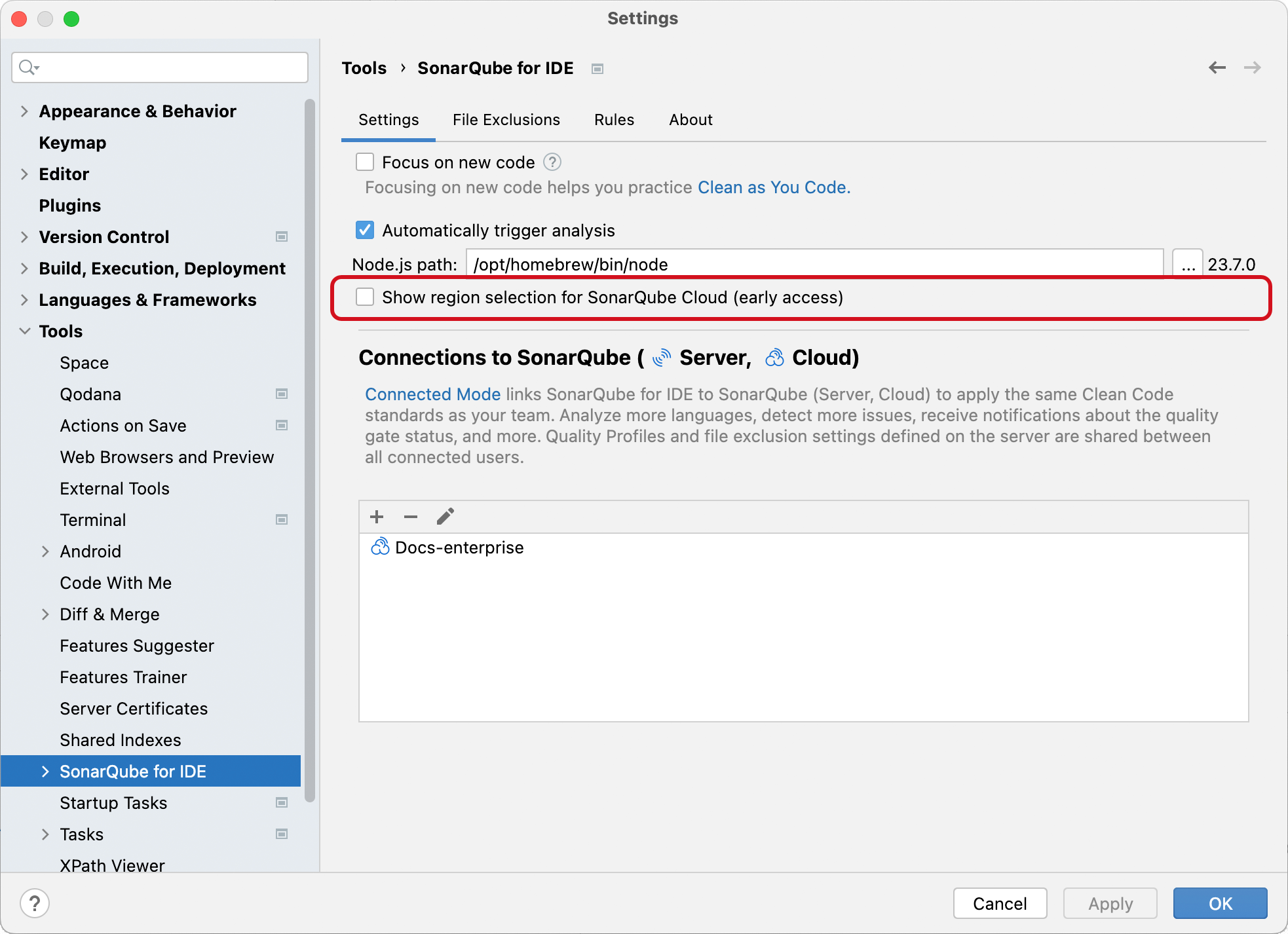 In IntelliJ, navigate to your Tools > SonarQube for IDE settings to select Show region selection for SonarQube Cloud. In IntelliJ, navigate to your Tools > SonarQube for IDE settings to select Show region selection for SonarQube Cloud.