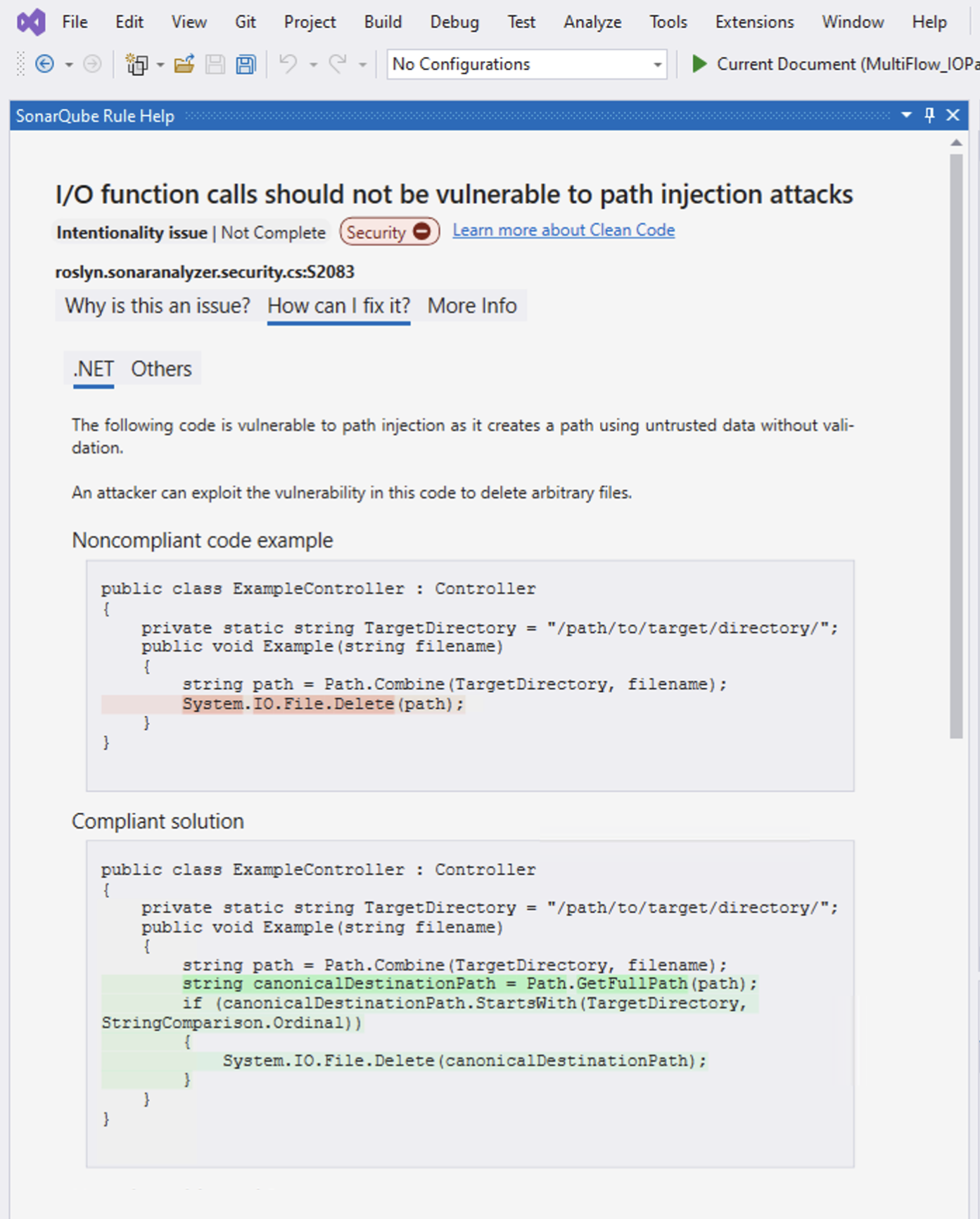 SonarQube for IDE will give you a noncompliant (in red) and compliant (in green) code sample when available to help you fix your issue. SonarQube for IDE will give you a noncompliant (in red) and compliant (in green) code sample when available to help you fix your issue.