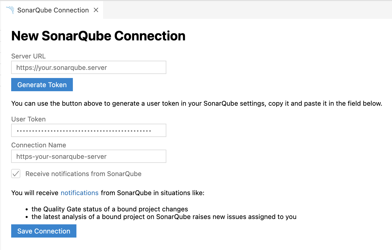 Add the SonarQube server details to set up your connection with SonarLint. Add the SonarQube server details to set up your connection with SonarLint.