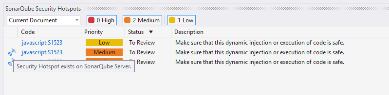 The SonarQube for Visual Studio shows you when a locally detected hotspot matches one found on the server.