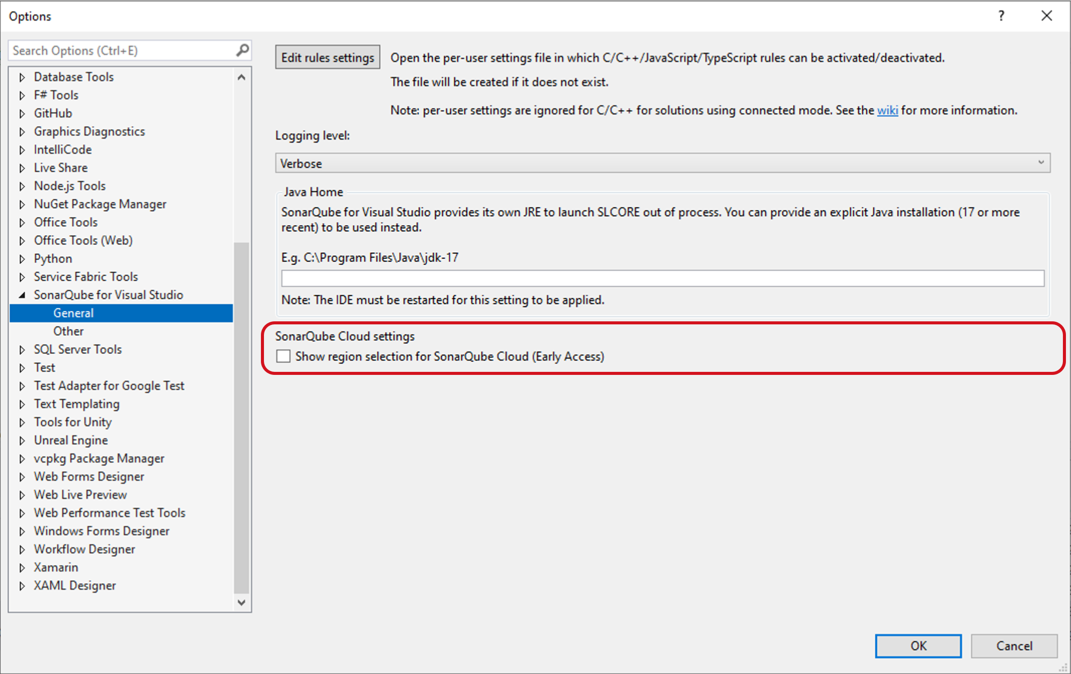 In Visual Studio, navigate to your SonarQube for Visual Studio > Options to select Show region selection for SonarQube Cloud. In Visual Studio, navigate to your SonarQube for Visual Studio > Options to select Show region selection for SonarQube Cloud.
