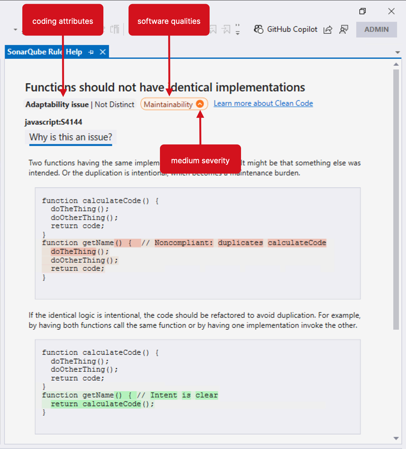 Coding attributes and software qualities appear in the SonarQube Rule Help view. Your actual view may be different because when running in connected mode with SonarQube Server, the server's mode is respected. Coding attributes and software qualities appear in the SonarQube Rule Help view. Your actual view may be different because when running in connected mode with SonarQube Server, the server's mode is respected.