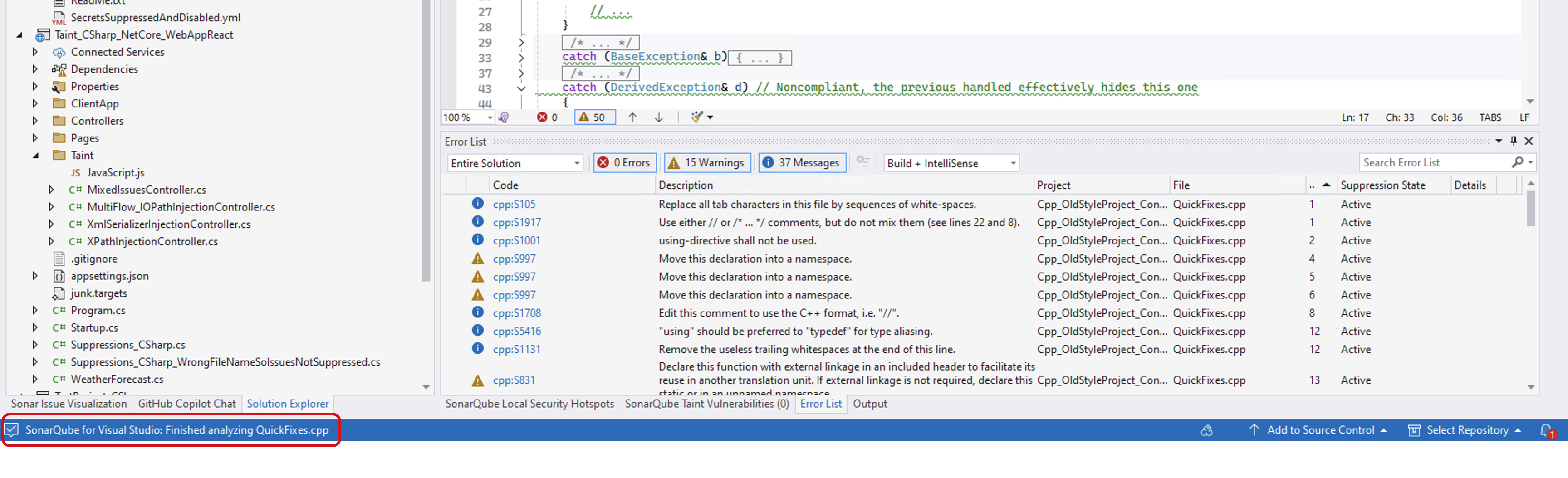 SonarQube for Visual Studio has finished the analysis. The state of the analysis is reported in the Visual Studio Status Bar SonarQube for Visual Studio has finished the analysis. The state of the analysis is reported in the Visual Studio Status Bar