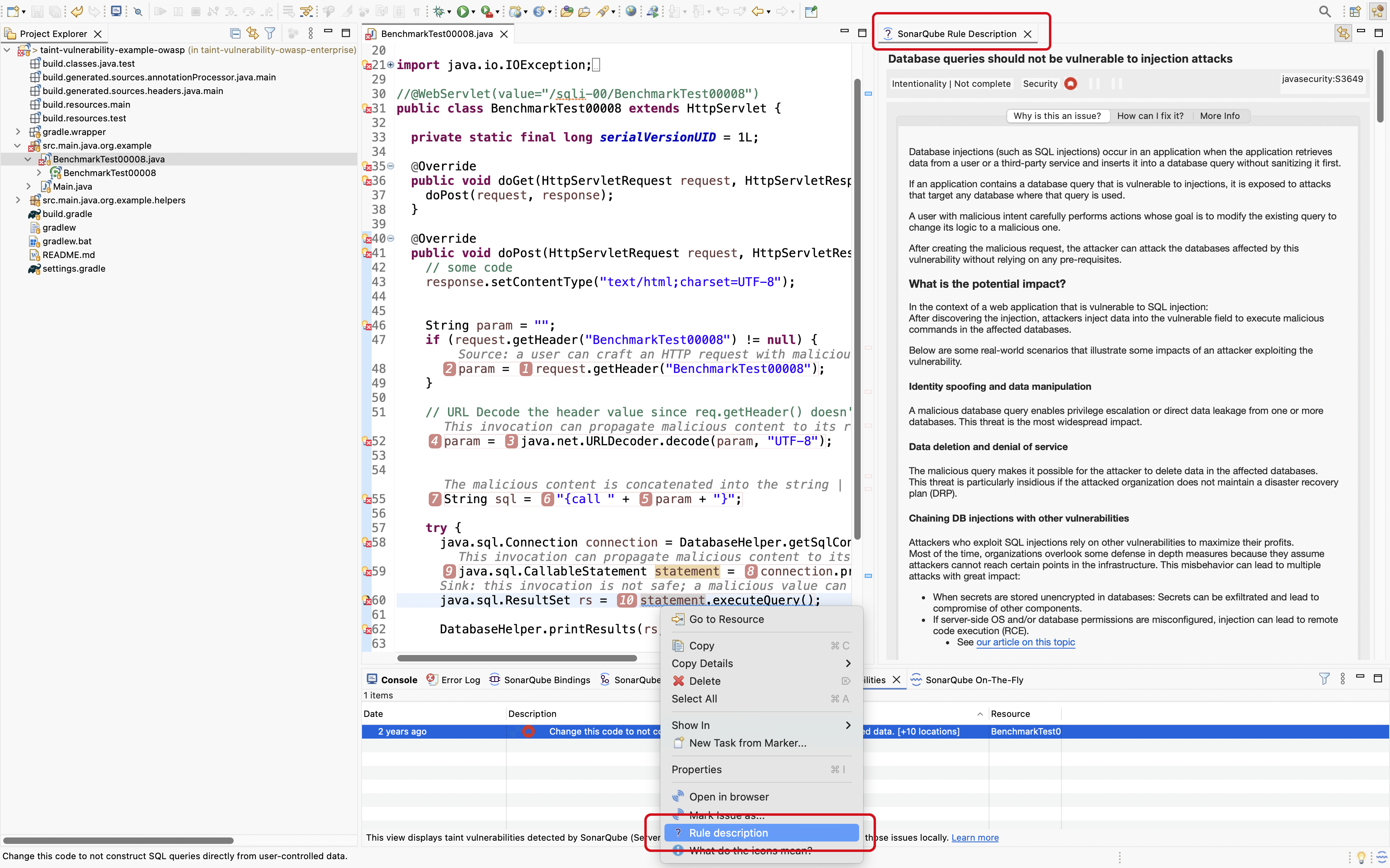 The SonarQube Rule Description view gives you information to help you fix your issue.