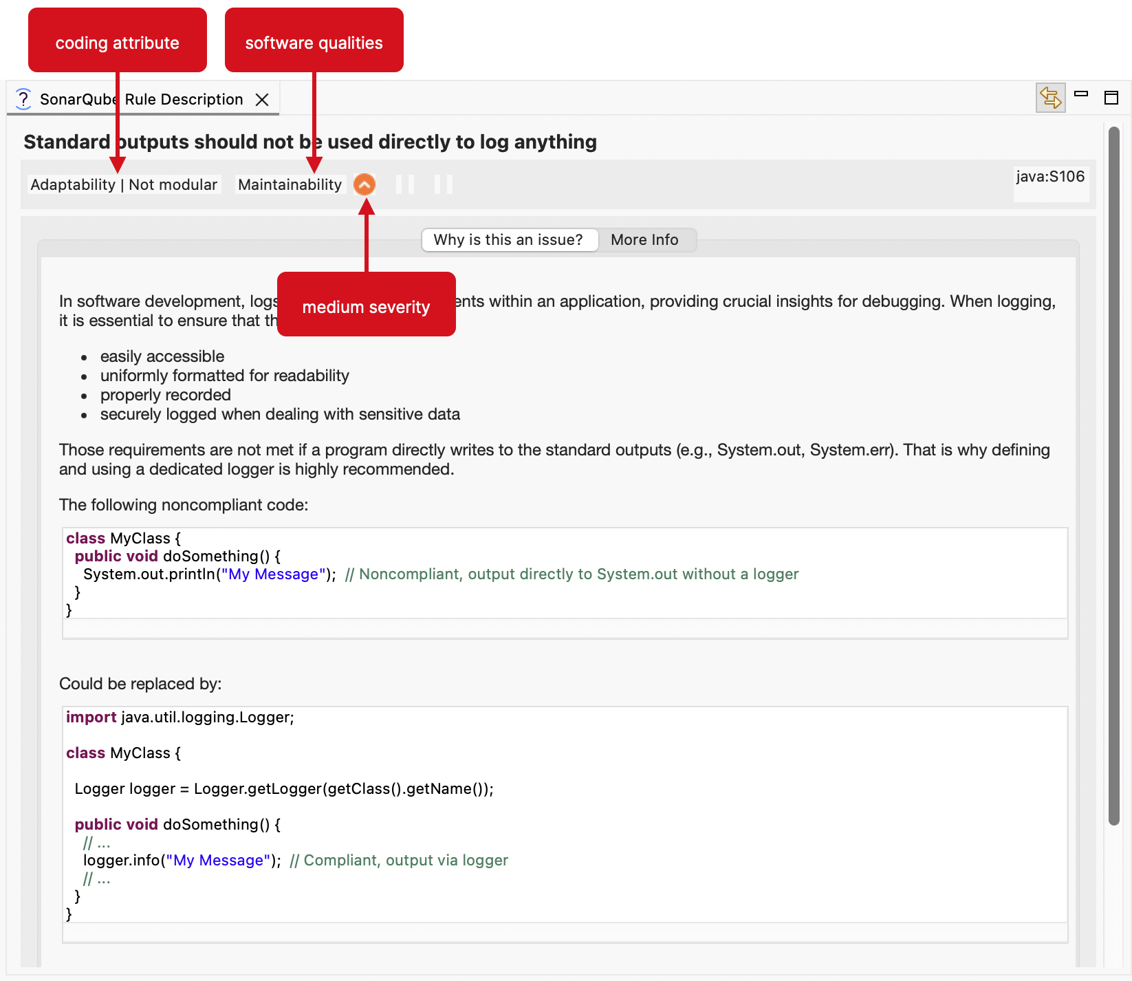 Coding attributes and software qualities appear in the SonarQube Rule Description view. Your actual view may be different because when running in connected mode with SonarQube Server, the server's mode is respected.