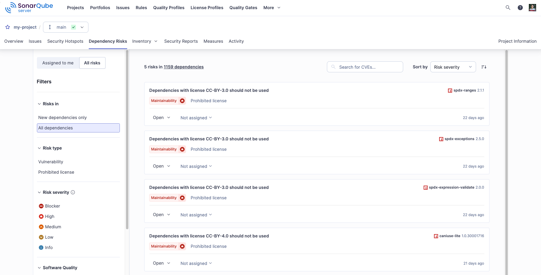 The SonarQube Server Dependency risks tab. The SonarQube Server Dependency risks tab.