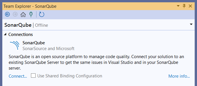 Use the Shared Binding Configuration to help set up Connected Mode in SonarLint for Visual Studio. Use the Shared Binding Configuration to help set up Connected Mode in SonarLint for Visual Studio.