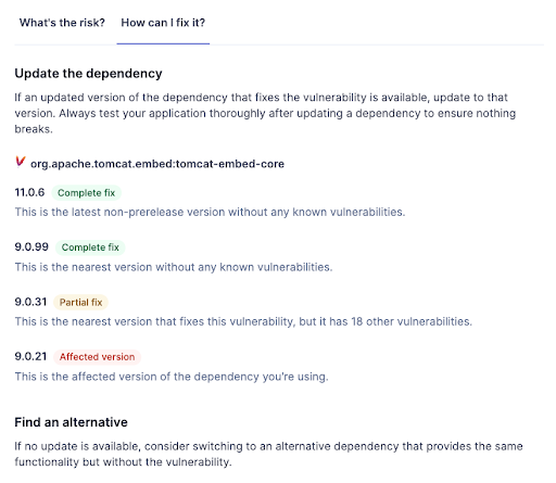 The "How can I fix it" tab for dependency risks in the SonarQube Server UI. The "How can I fix it" tab for dependency risks in the SonarQube Server UI.
