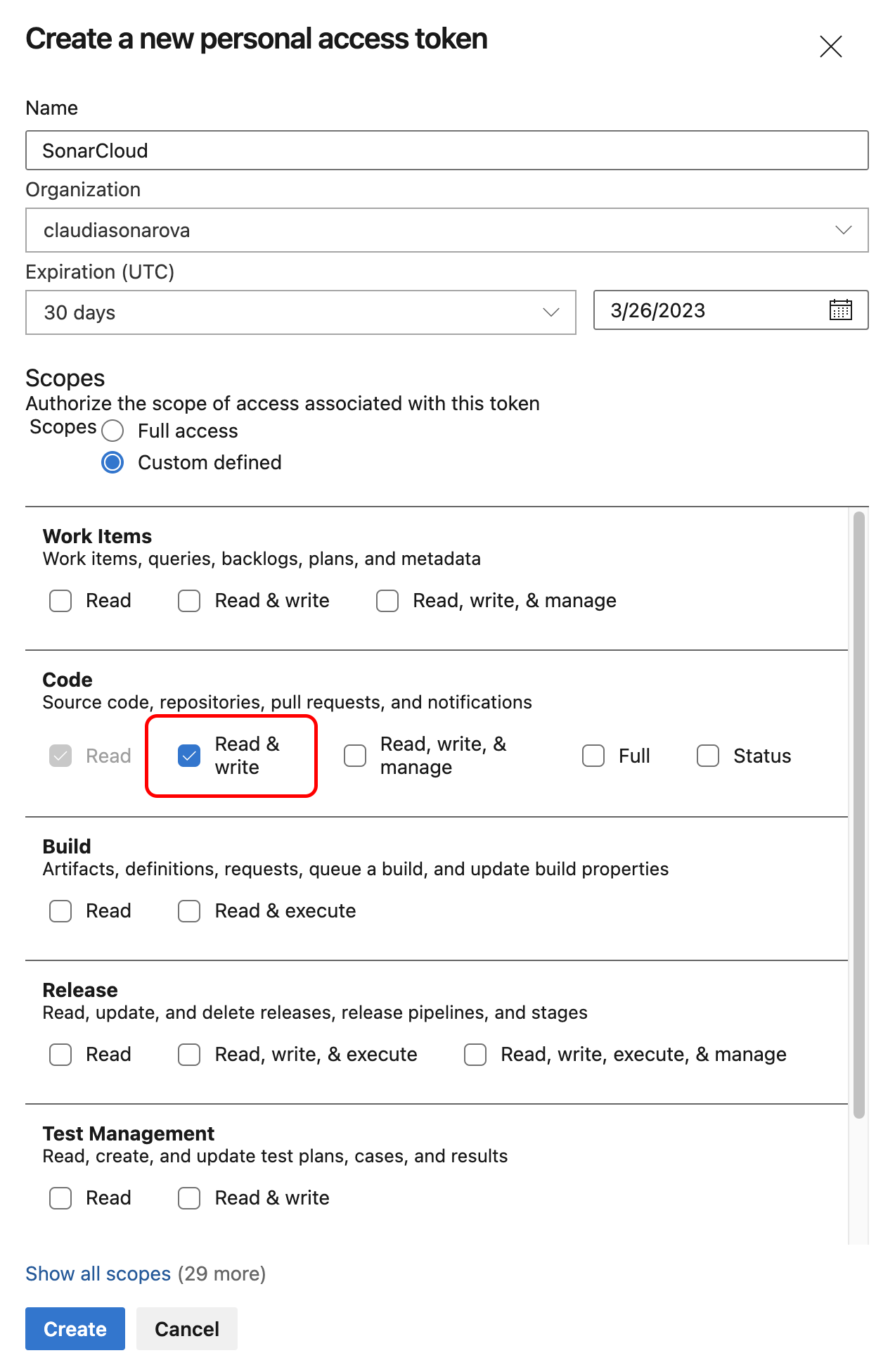 Set the scope of your new personal access token in Azure. Set the scope of your new personal access token in Azure.