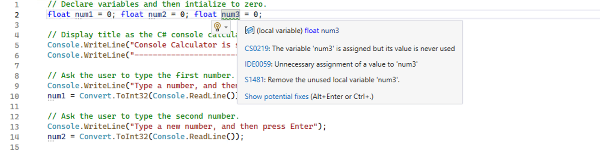 Hover over an issue, identified by the squiggles, to see the Sonar Rule description. Hover over an issue, identified by the squiggles, to see the Sonar Rule description.