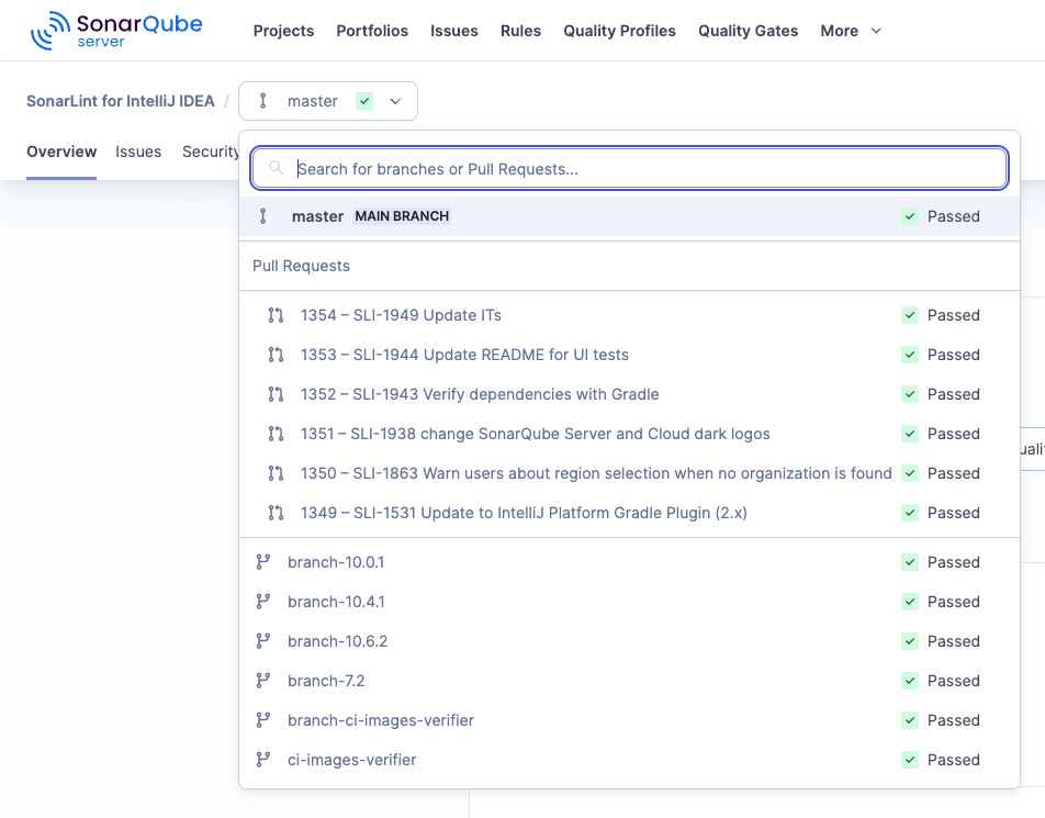 A view of your analyzed branches and pull request in SonarQube Server. A view of your analyzed branches and pull request in SonarQube Server.