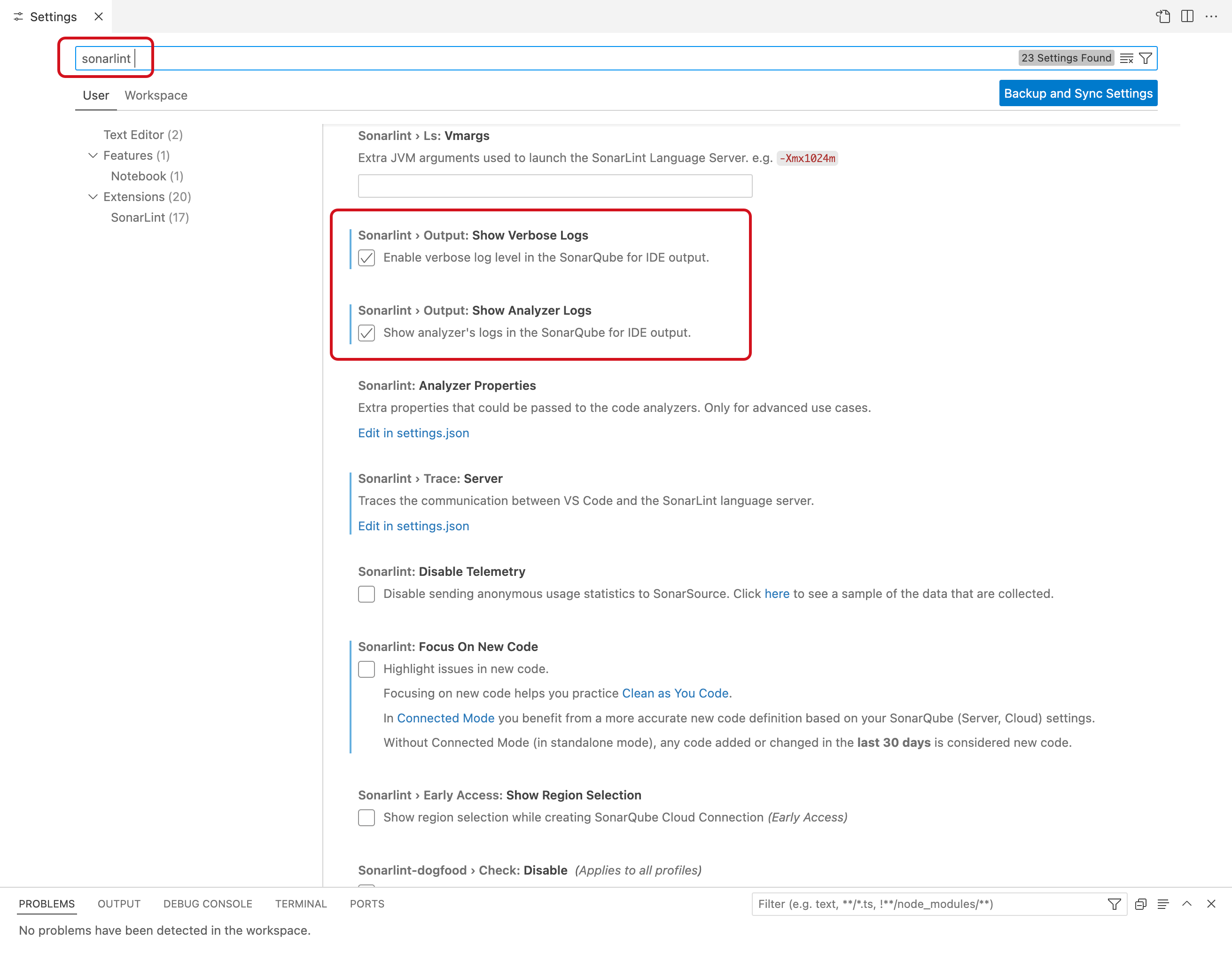 Where to turn on the Analysis logs and Verbose output when troubleshooting SonarQube for VS Code. Where to turn on the Analysis logs and Verbose output when troubleshooting SonarQube for VS Code.